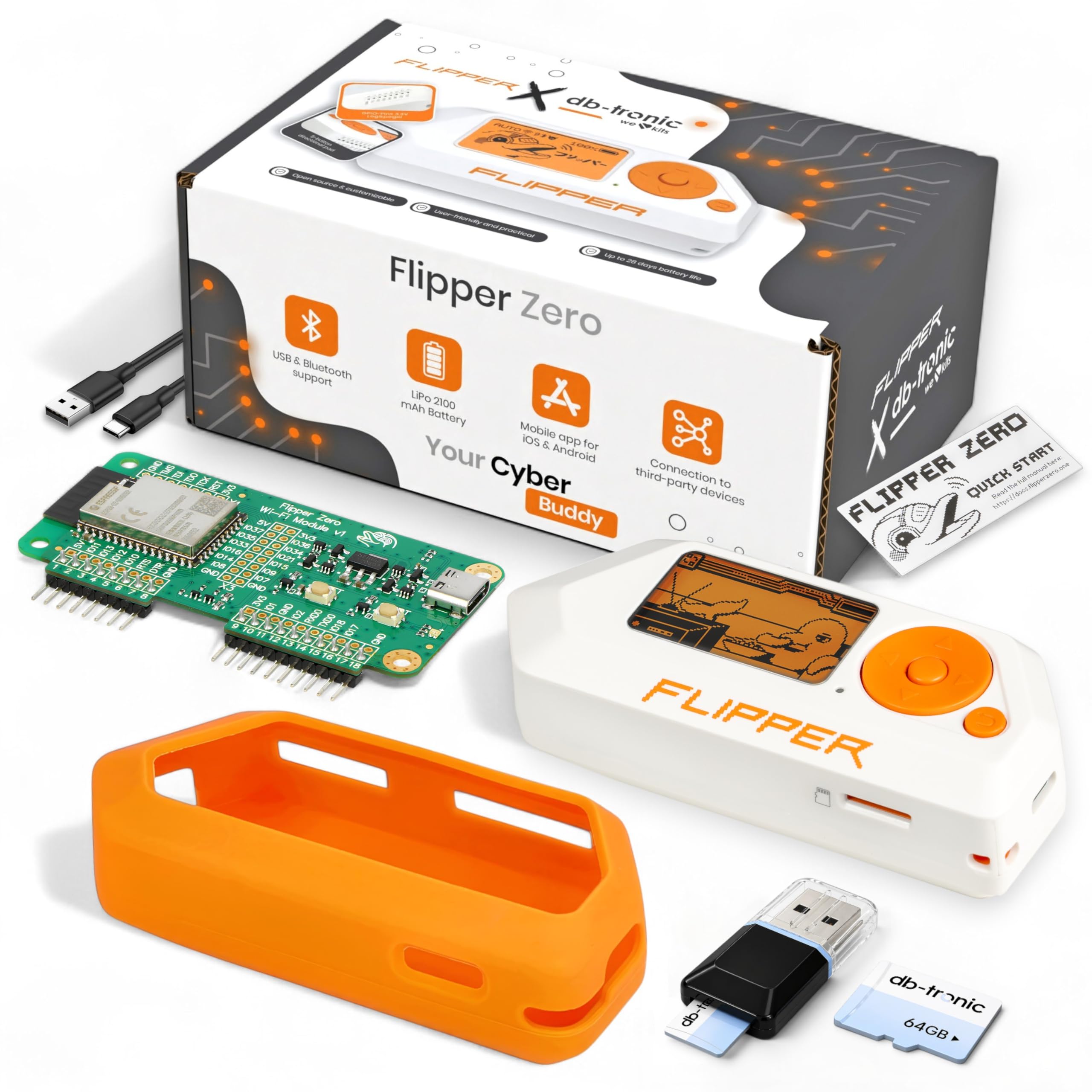 Flipper Zero Starter Komplettset mit WiFi Board Silikonhülle 64GB Speicherkarte und USB Kartenleser