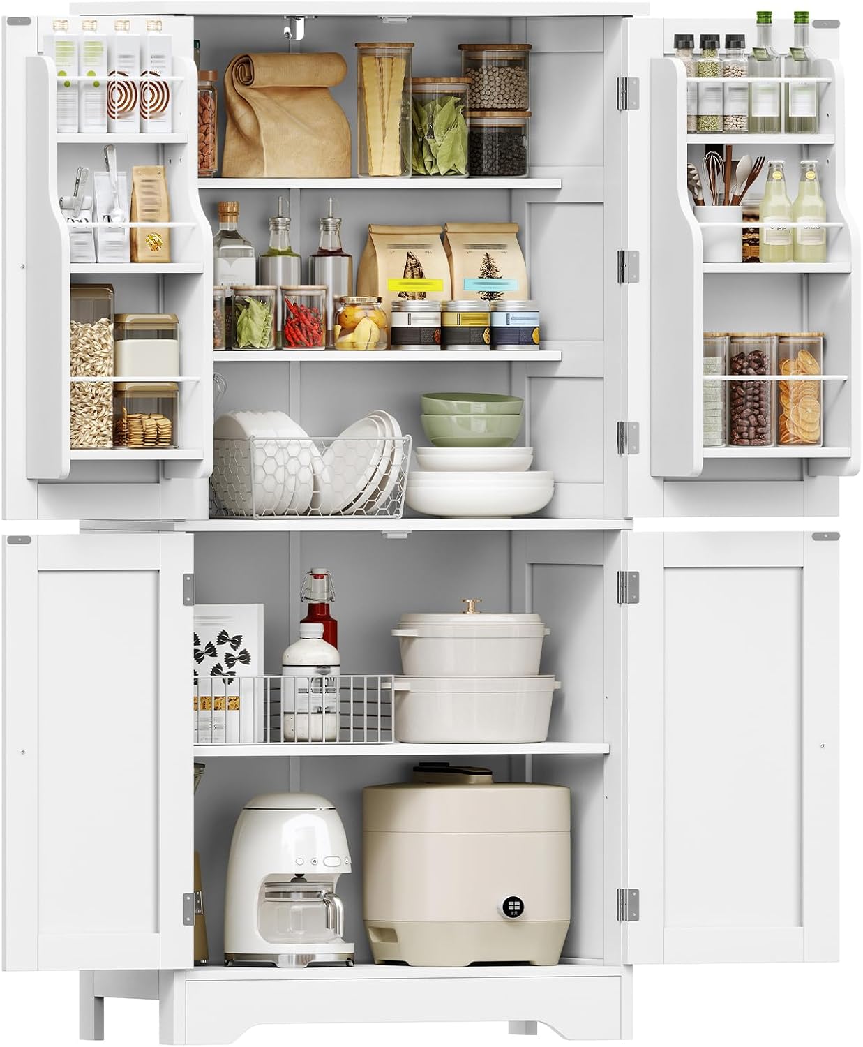 TEENFON Mobile Dispensa Cucina larghezza 60 cm, Armadio 4 Ante altezza 130 cm con Ripiani Regolabili e Portaspezie Integrata, Credenza Alta per Cucina, Soggiorno, Bianco