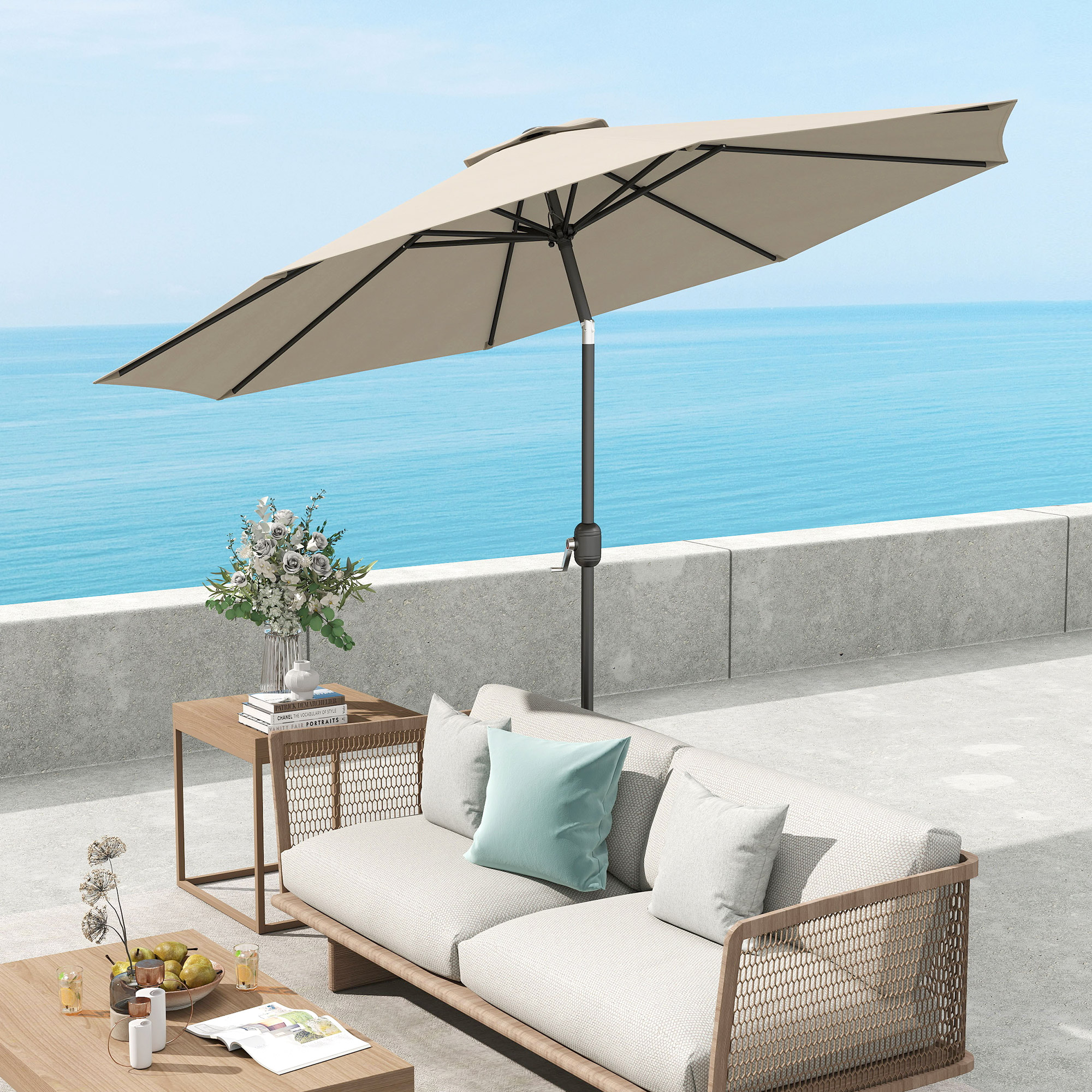 Outsunny Garten-Sonnenschirm, neigbarer Sonnenschirm mit einem Durchmesser von 3 m aus Metall, rund, Polyester 180g/m², neigbare Kurbel, Hellgrau