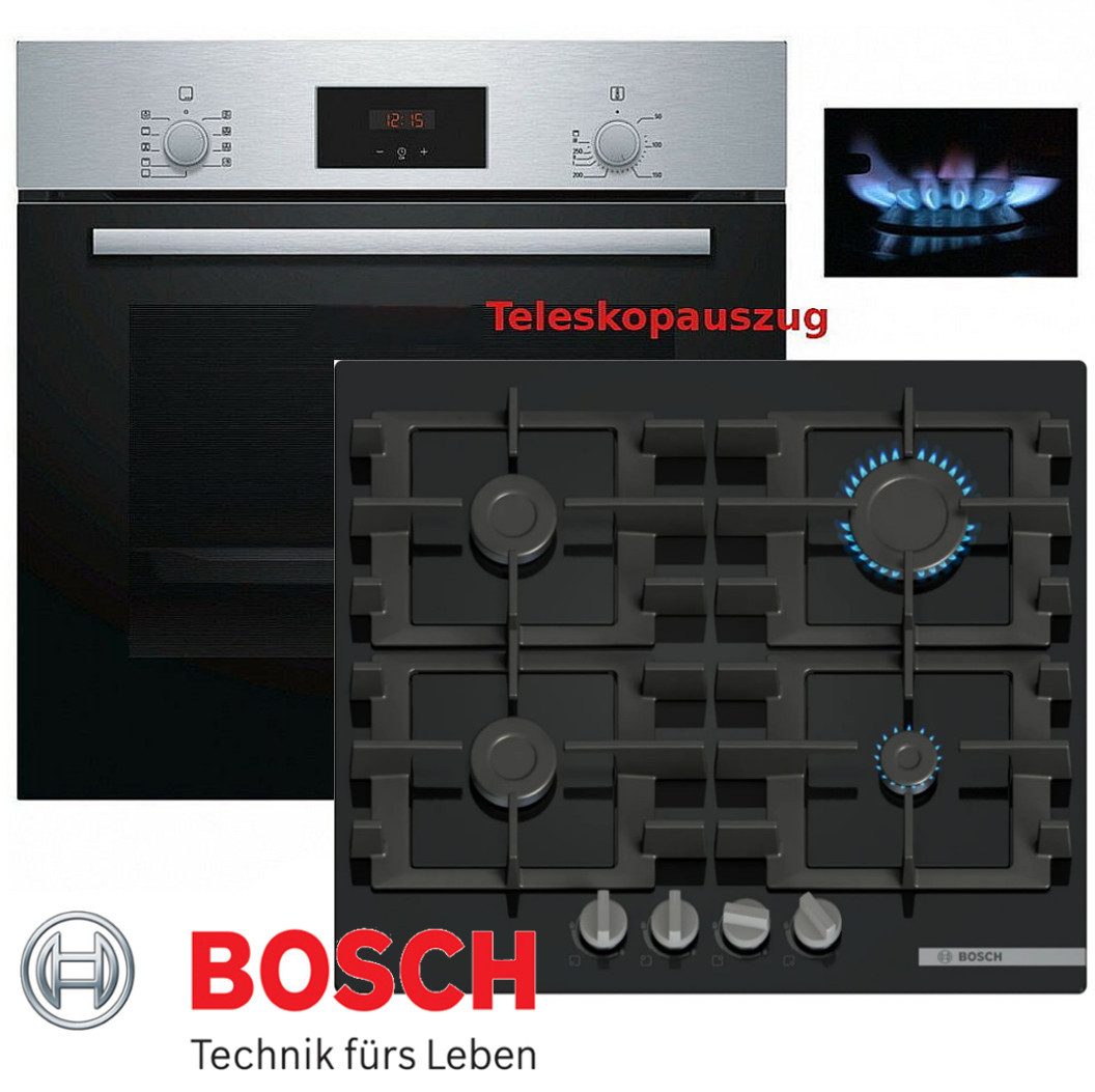 Gasherd-Set Bosch Autark Elektro Backofen mit Teleskop + GAS Glas Kochfeld Neu