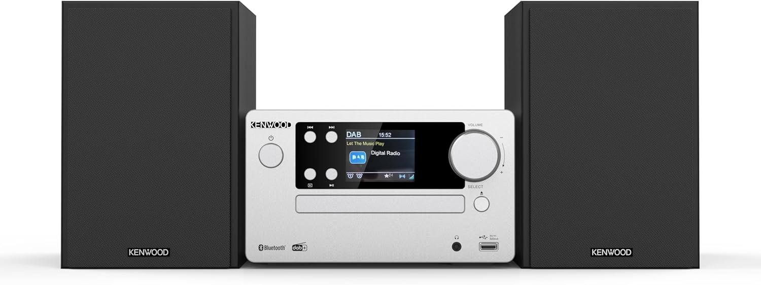 KENWOOD, Sistema Micro HiFi Stereo M-725DAB-S, con Ricevitore Radio DAB+, Lettore CD e Presa USB, Bluetooth per Audio-Streaming V5.0 (A2DP), Display a Colori 2,4