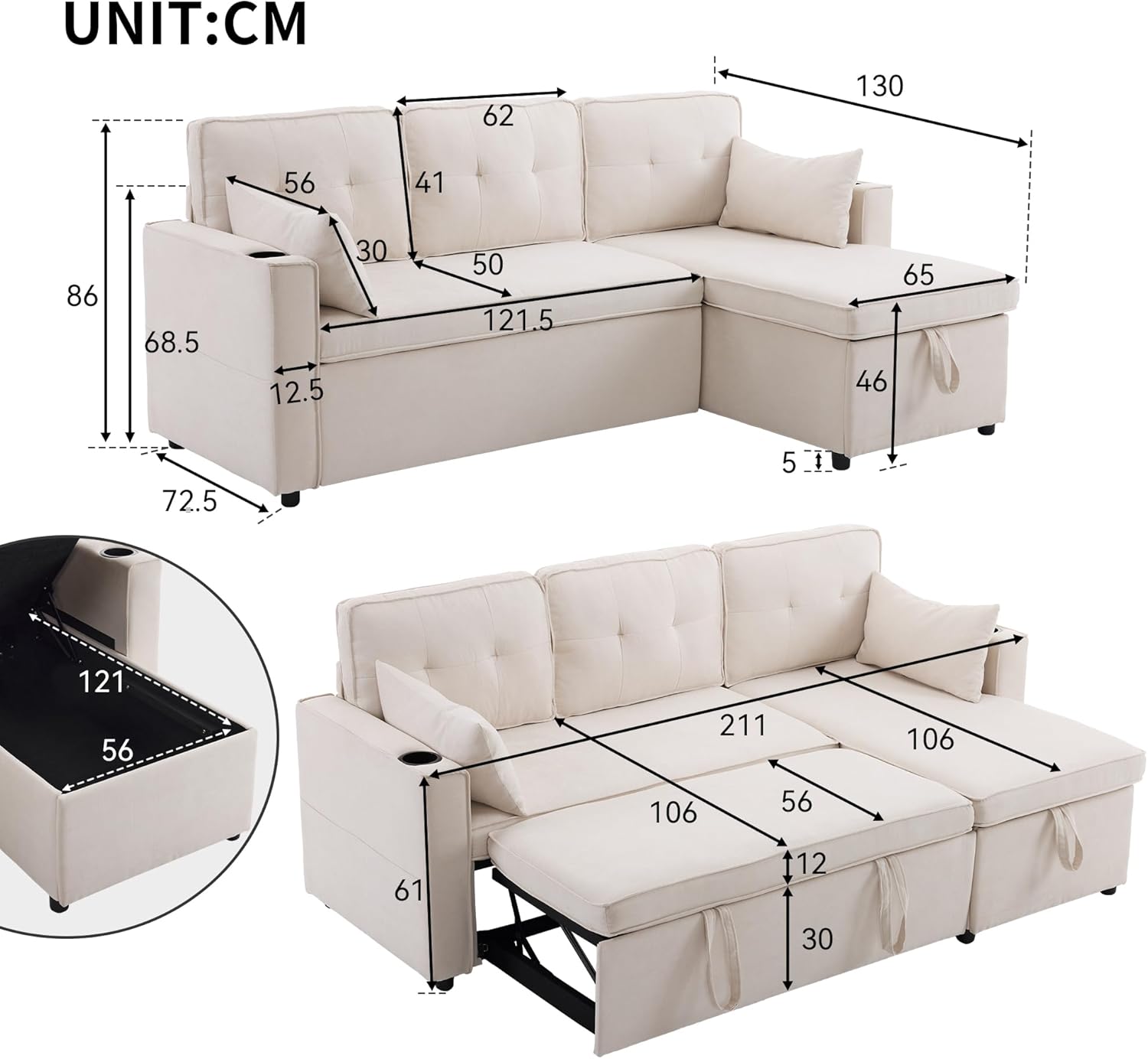 Soweiz Divano letto con funzione di sonno, divano a forma di L, design moderno, poltrona lounge con vano portaoggetti, con portabevande, divano letto, soggiorno e sinistra, intercambiabile (beige)