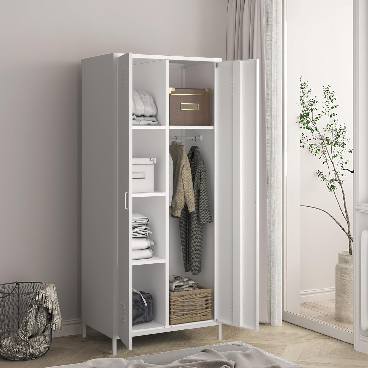 [en.casa] 2 Door Wardrobe with Clothes Space and Compartments Steel Wardrobe with Shelves for Bedroom Entrance 180 x 76 x 50 cm - White