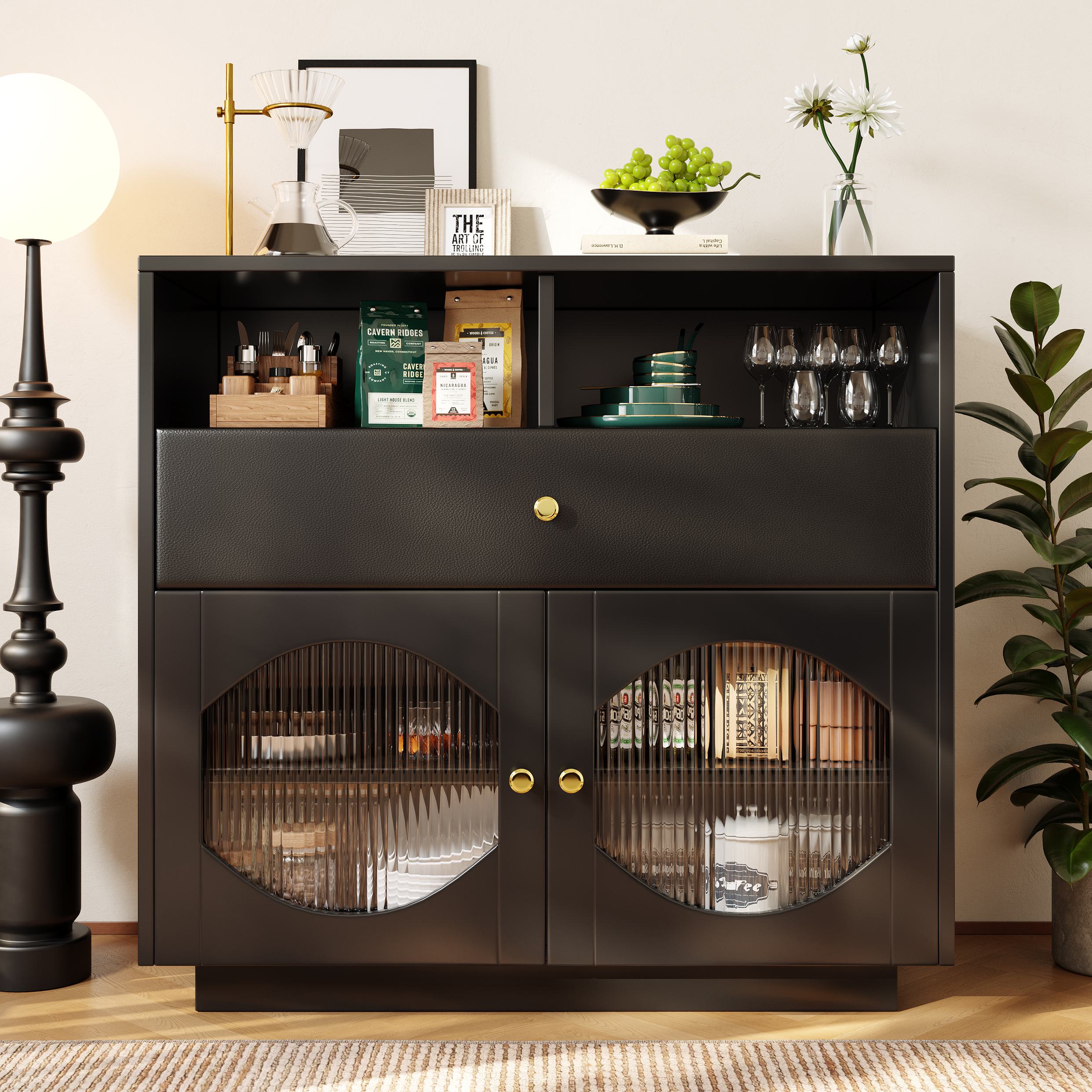 Küchenschrank Sideboard mit Glastüren, Modernes Design, Geräumiger Stauraum, 100×40×90,5 cm, Schwarz