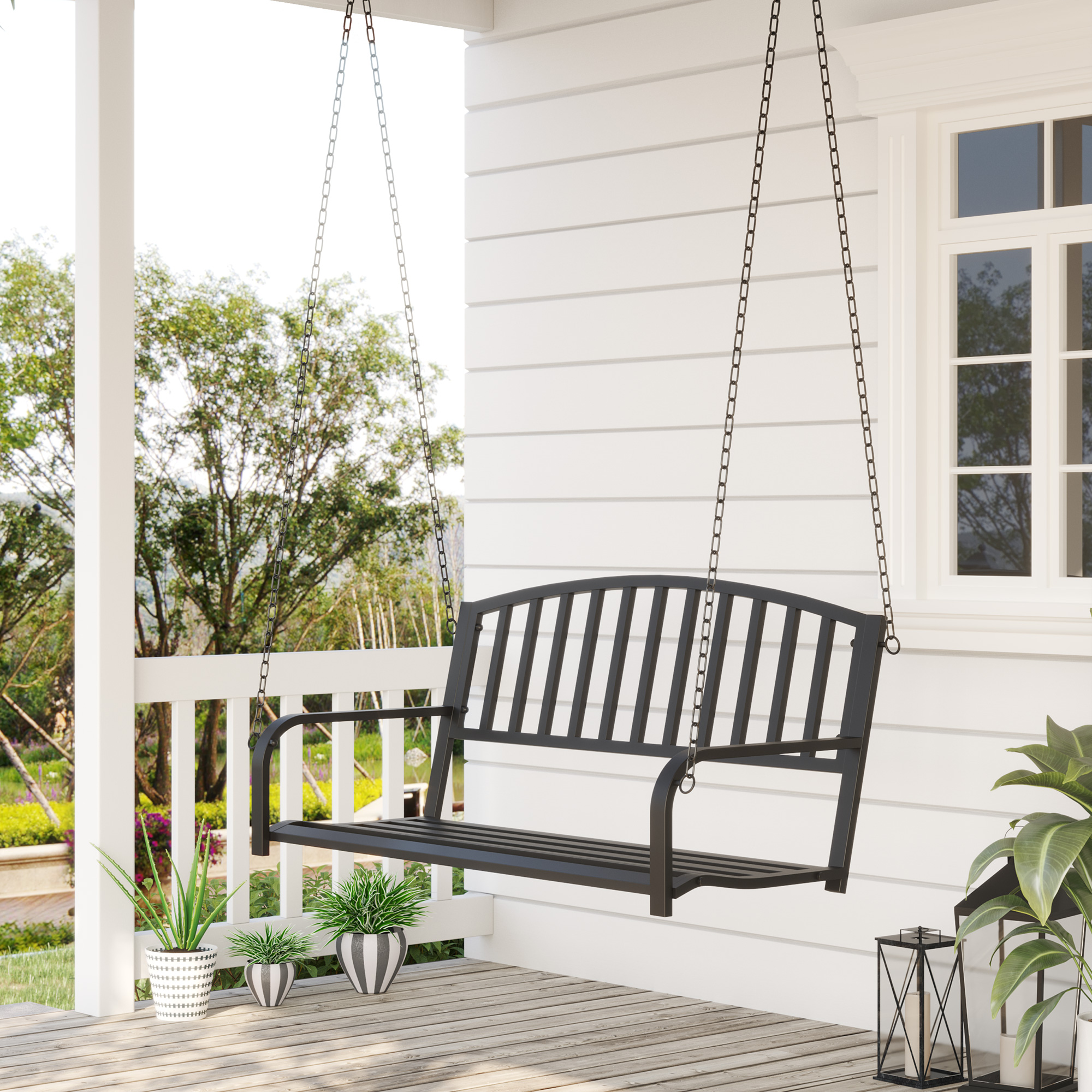 Outsunny Hängebank 2-Sitzer Gartenschaukel Schaukelbank Hollywoodschaukel Schwebebank mit Ketten Metall Schwarz 127 x 60 x 53 cm