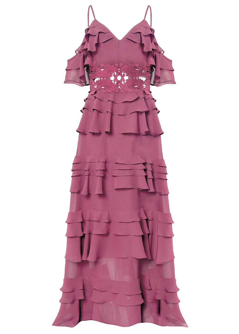 Olivia Wood-Rose Cold-Shoulder Tiered Ruffle Maxi-Dress