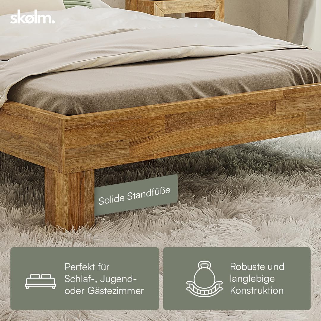 skølm Floki Massivholzbett 140x200 cm aus Eiche - hochwertiges Bettgestell - Bettrahmen mit Bettkopf - Holzbett in Natur geölt - Bett 140x200 cm geeignet als Doppelbett - Futonbett
