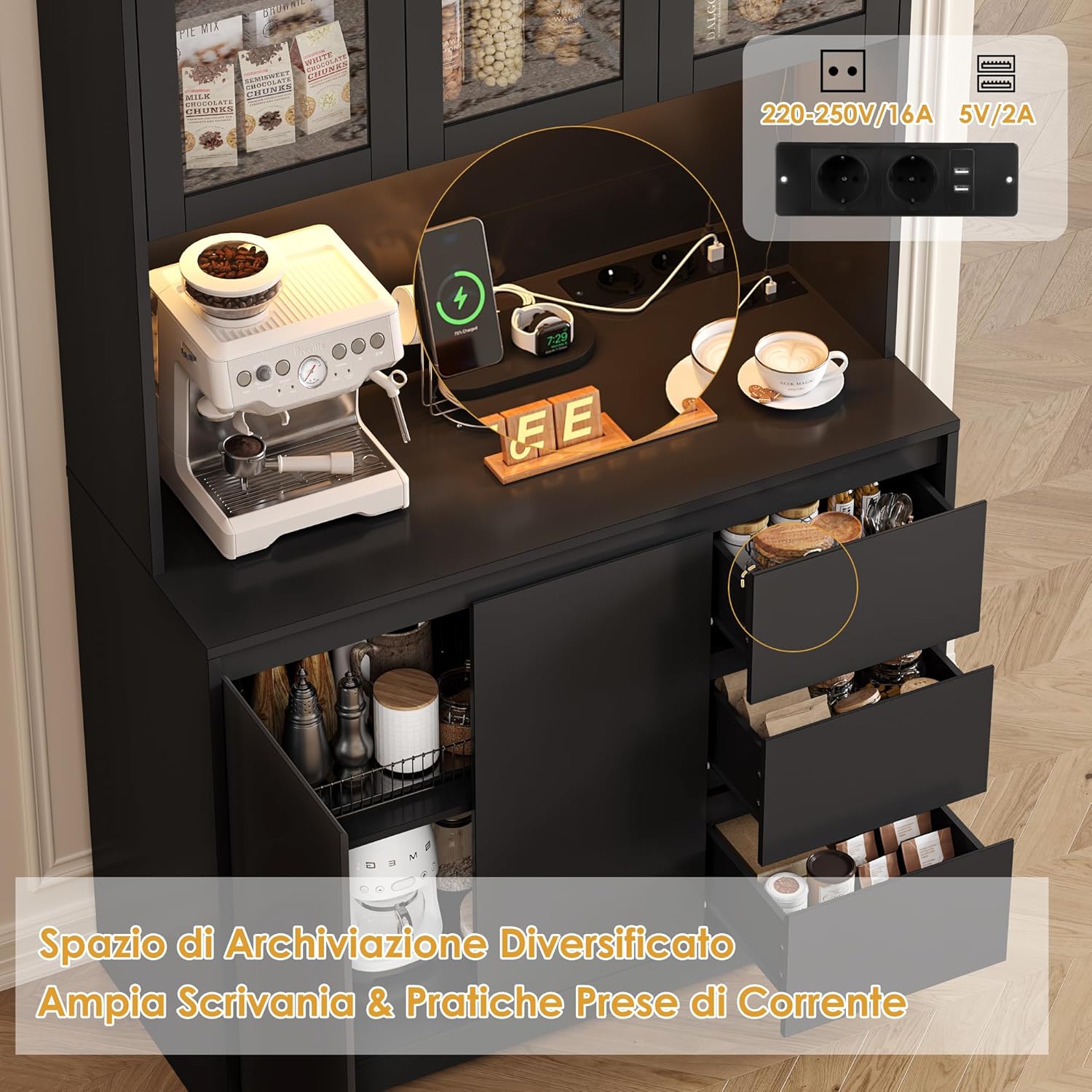 FirFurd Credenza Cucina, Credenza Alta con Luci a LED e Prese, Mobile Buffet con Cassetti e Armadi, Ripiani Regolabili, per Cucina, Soggiorno, Studio180x100x38,5cm (Nero)