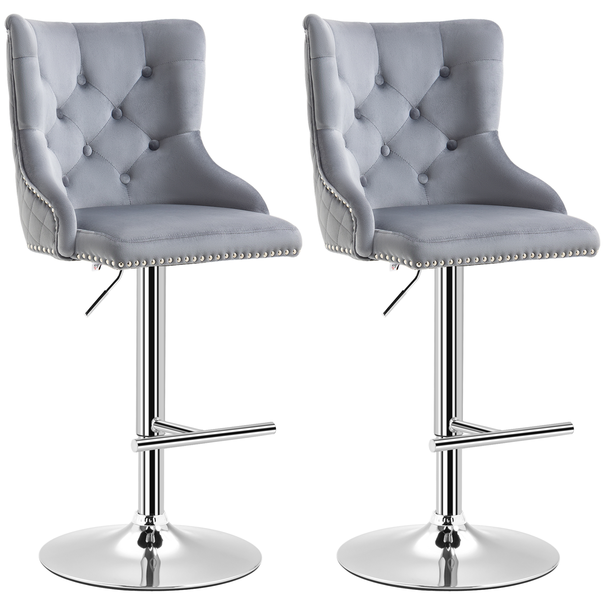 HOMCOM Barhocker, Sitzhocker, 2er-Set, höhenverstellbar, drehbarer Sitz, Fußstütze, Stahl, grau, 46 x 55 x 123cm