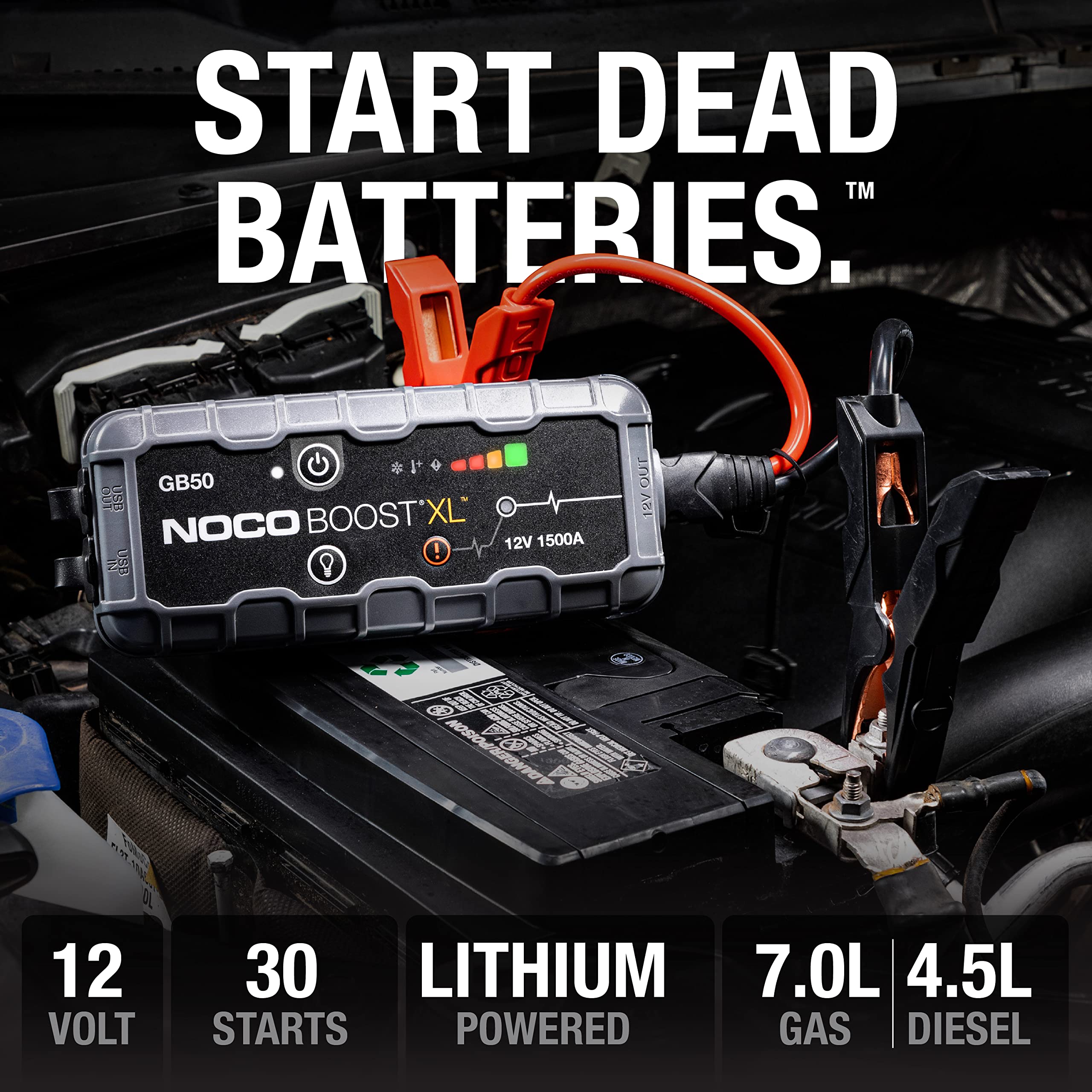 NOCO Boost GB50 1500A 12V Starthilfe Powerbank für Benzinmotoren bis 7,0 L und Dieselmotoren bis 4,5 L mit LED-Taschenlampe