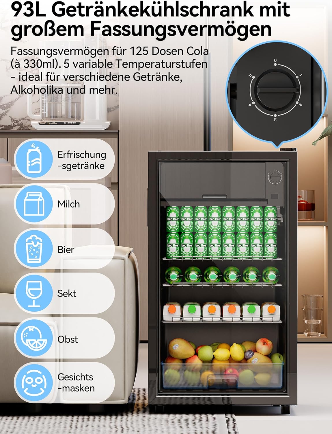 Devoko Getränkekühlschrank mit Glast,93L Minikühlschrank,mit RGB LED Lichtern,verstellbare Einlegeböden, Indoor/Outdoor,für zu Hause, Büro, Partys & Gastro,Minibar, Kühlschrank Schwarz