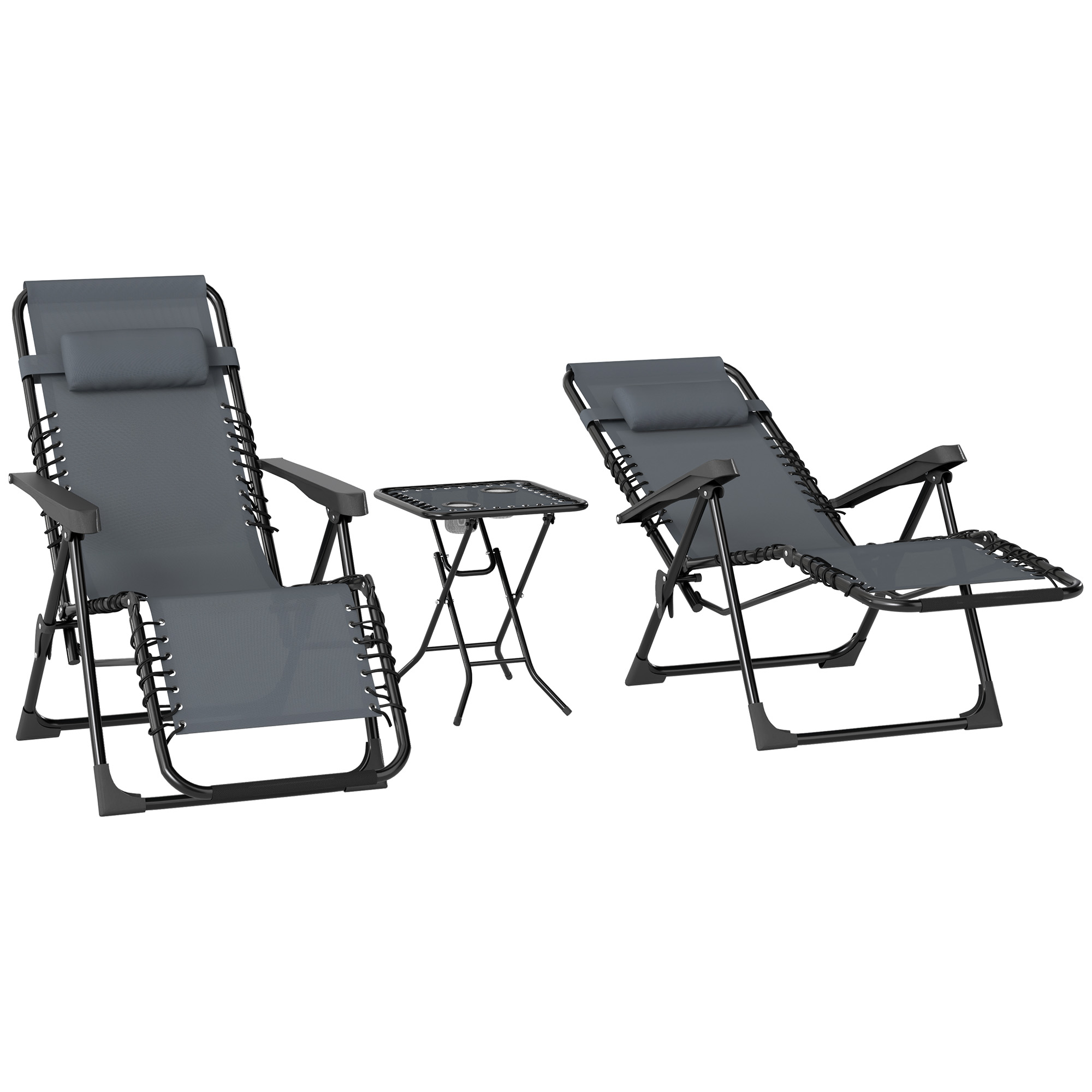 Outsunny Set aus 2 klappbaren und verstellbaren Gartenliegen mit Beistelltisch, Getränkehaltern und Kopfkissen, Belastbarkeit 120 kg, Grau