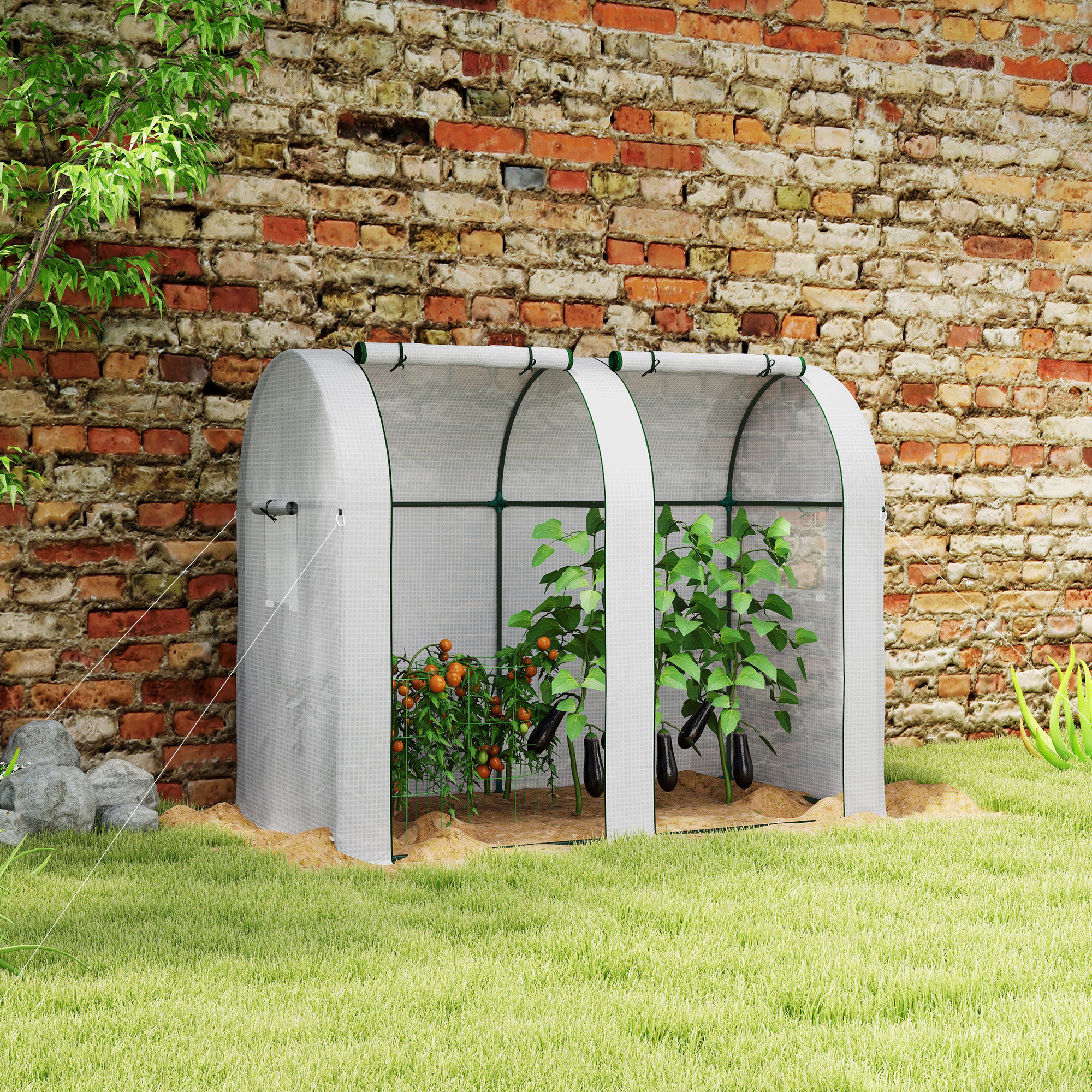 Outsunny Garten-Gewächshaus 1,8 m² Tomatengewächshaus 2 Rolltüren mit Reißverschluss 4 rollbare Fenster Stahl PE 135 g/m² Weiß