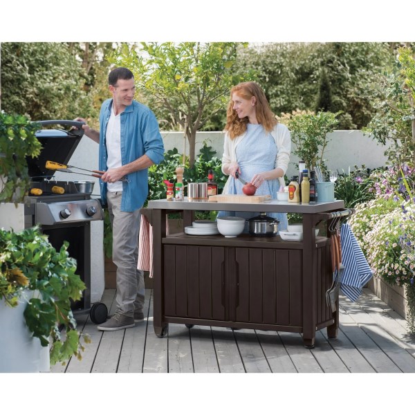 Keter Unity XL Portable Outdoor Table and Storage Cabinet with Accessory Hooks, Espresso Brown