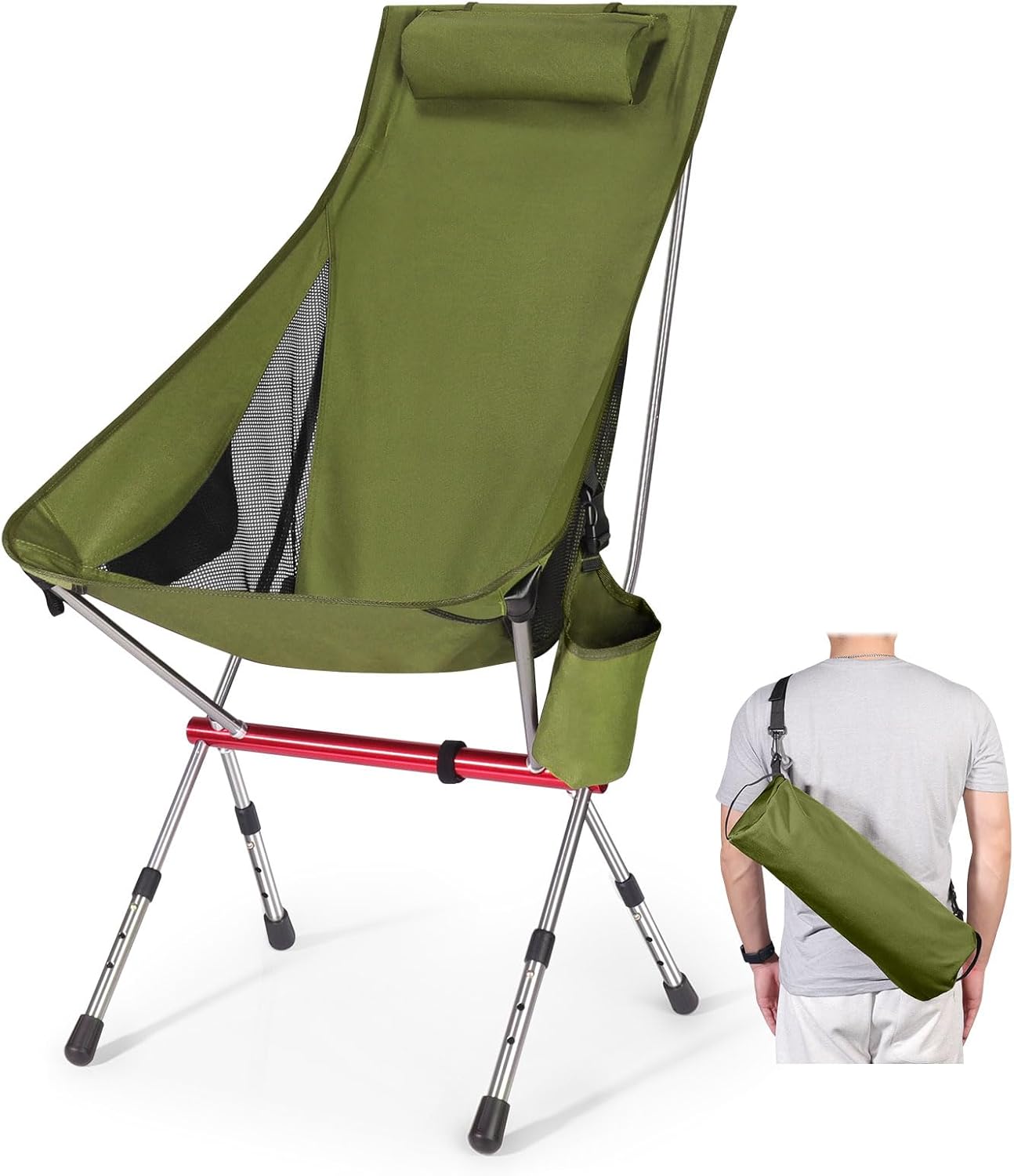 OKYUK Nuova sedia da campeggio pieghevole con schienale alto, tre altezze regolabili, borsa da trasporto leggera e custodia per tazza,Ideale per escursioni, relax in spiaggia e pesca (Nero)