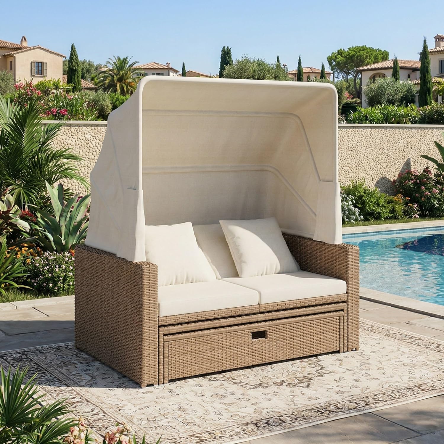 Polyrattan Gartenmöbel für 2-4 Personen, Gartensofa, Loungesofa, Verstellbarer Couchtisch, Abnehmbare Markise, PE-Rattan und Schwamm, Khaki