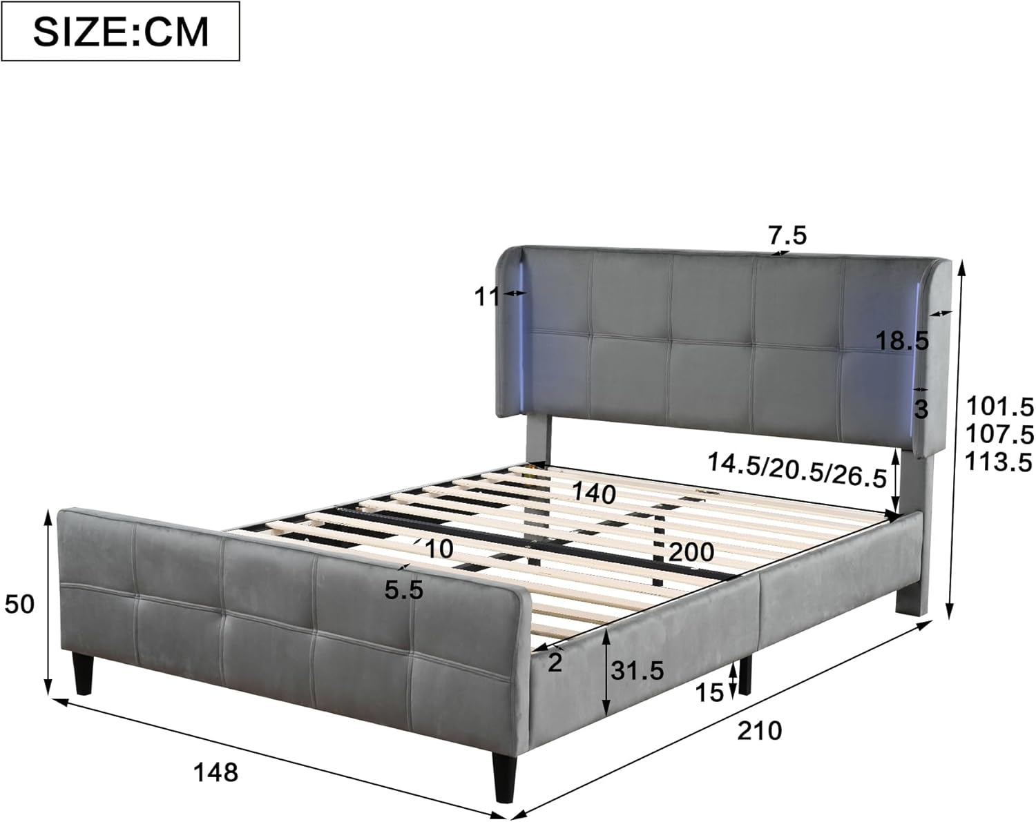 Soweiz Modern Padded Full Bedroom Set 1 Bedside Table + Stool Double Bed Side Ears Bedside Table Velvet Grey (140 x 200cm)