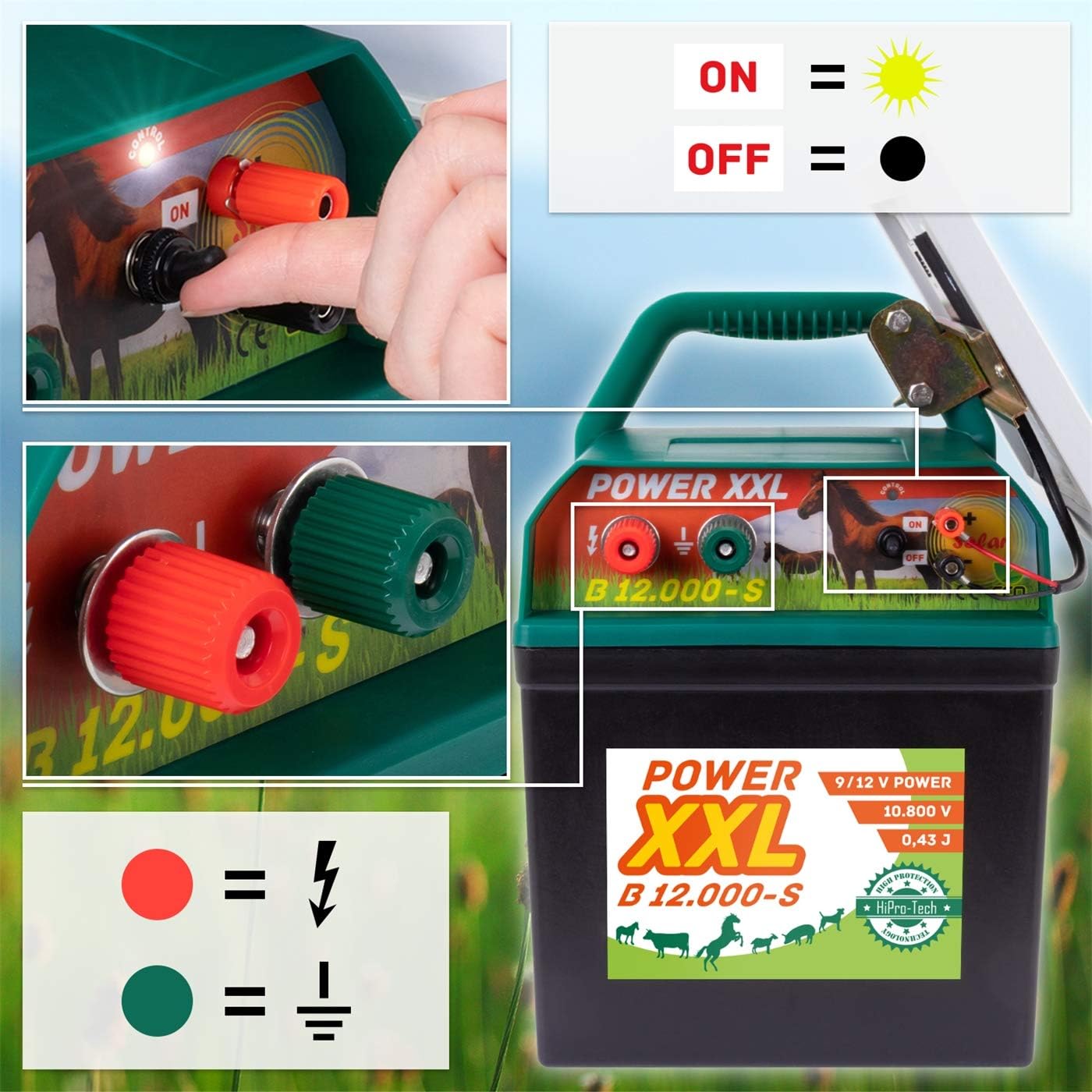 Elettrificatore Power XXL B 12.000-S da 9 V /12 V incl.Batteria | Elettrificatore ad Un Prezzo imbattibile |con efficiente modulo Solare| Ideale per recinzioni per Cavalli, Pony