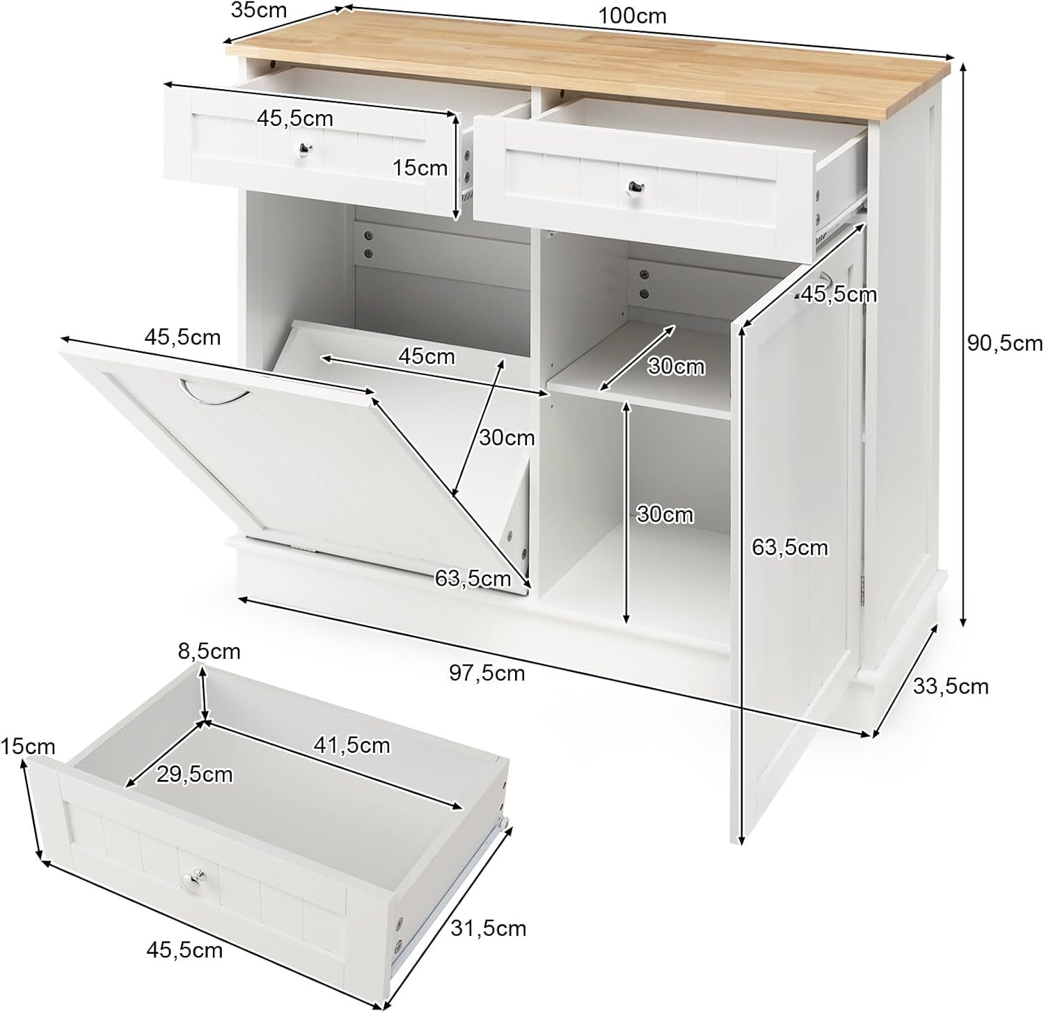 GYMAX Credenza da Cucina, Isola da Cucina con 2 Cassetti, Ripiano Regolabile, Vassoio in Gomma per Sala da Pranzo, Soggiorno, Adatto per Bidone (non incluso) da 42L, 100 x 35 x 90,5 cm (bianco)
