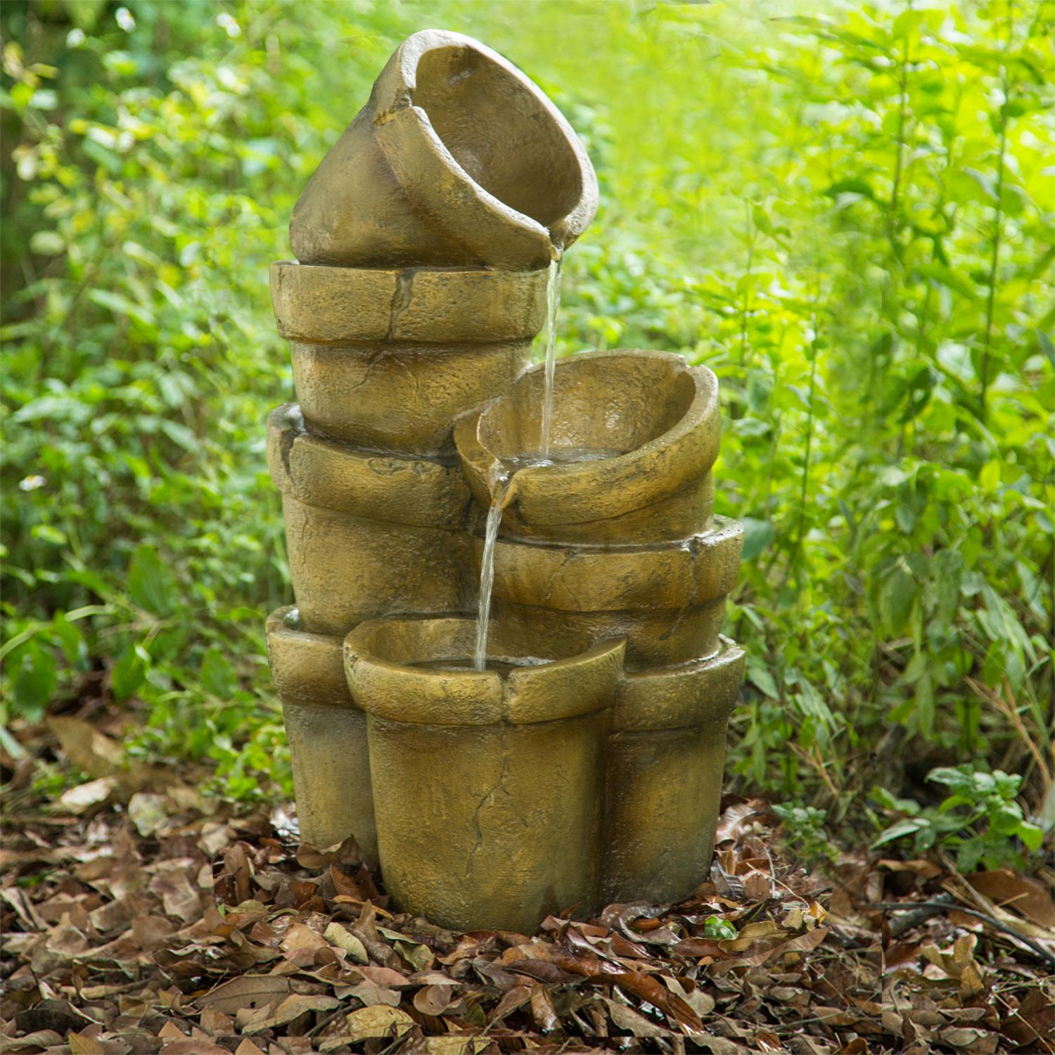 Teamson Home Stacked Pots Waterfall Fountain, Outdoor Garden Decor, 3 Tier, Multi Color, VFD8111