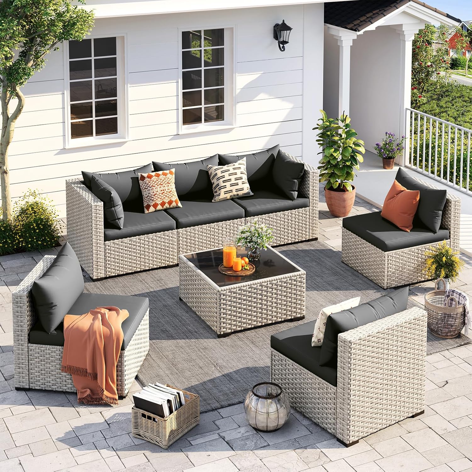 UDPATIO Outdoor Patio Furniture Set. 7-Piece PE Wicker Sectional Sofa with Tea Table. Outdoor Conversation Set for Patio. Garden. Backyard Green
