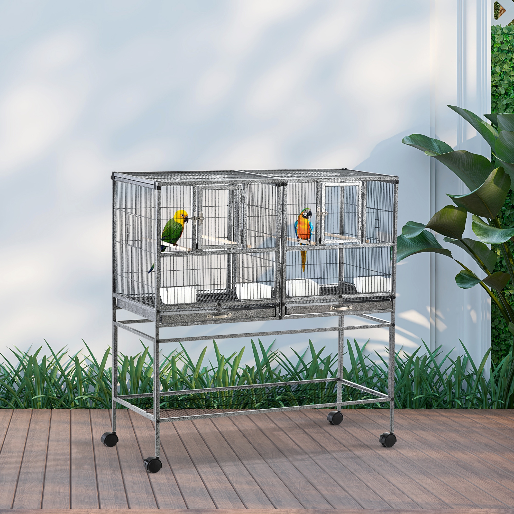 PawHut Vogelkäfig mit Futterschale und Sitzstange 95L x 45,5B x 102H cm Schwarz und Grau