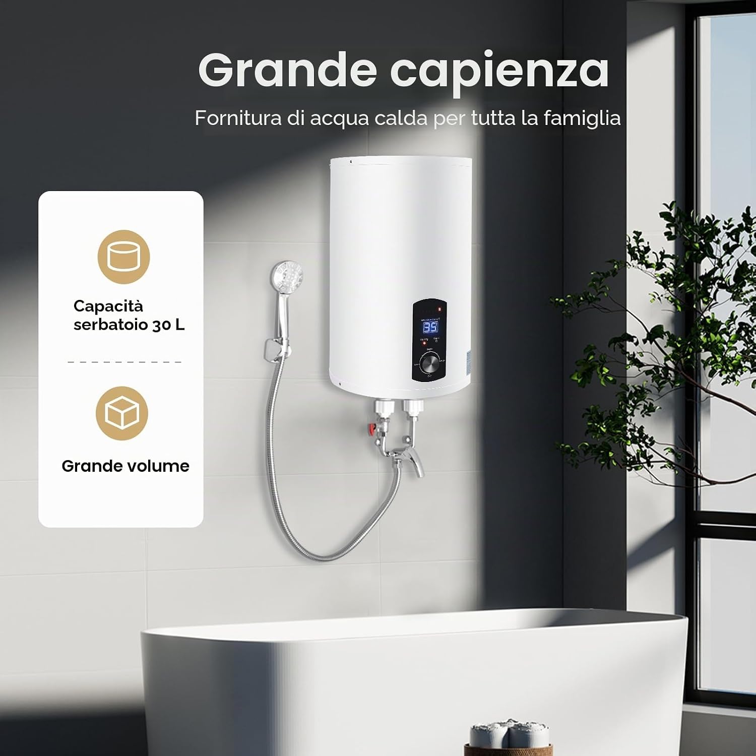 Scaldabagno elettrico verticale da 50 l, 2000 W, Boiler Elettrico, Scaldacqua Elettrico, Scalda Acqua Istantanea, regolabile da 220 V, per cucina e bagno