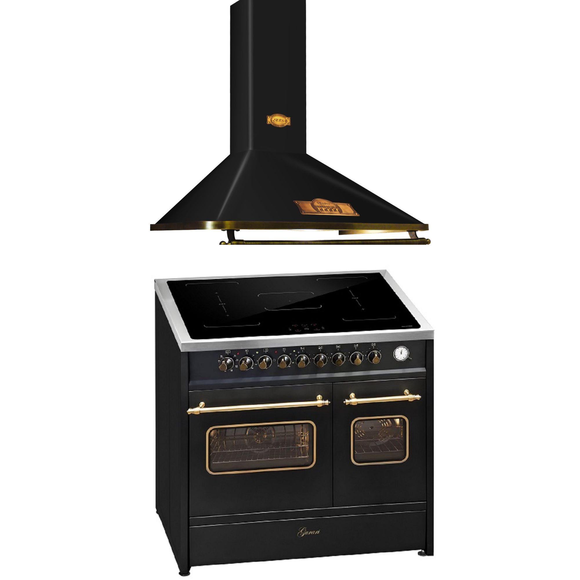Induktions-Standherd Retro Elektro Standherd 90 cm, Range Coocker mit FLEX Induktion+Retro Dunstabzugshaube 90 cm E 913 DF RU BL+A 9315 Em ECO