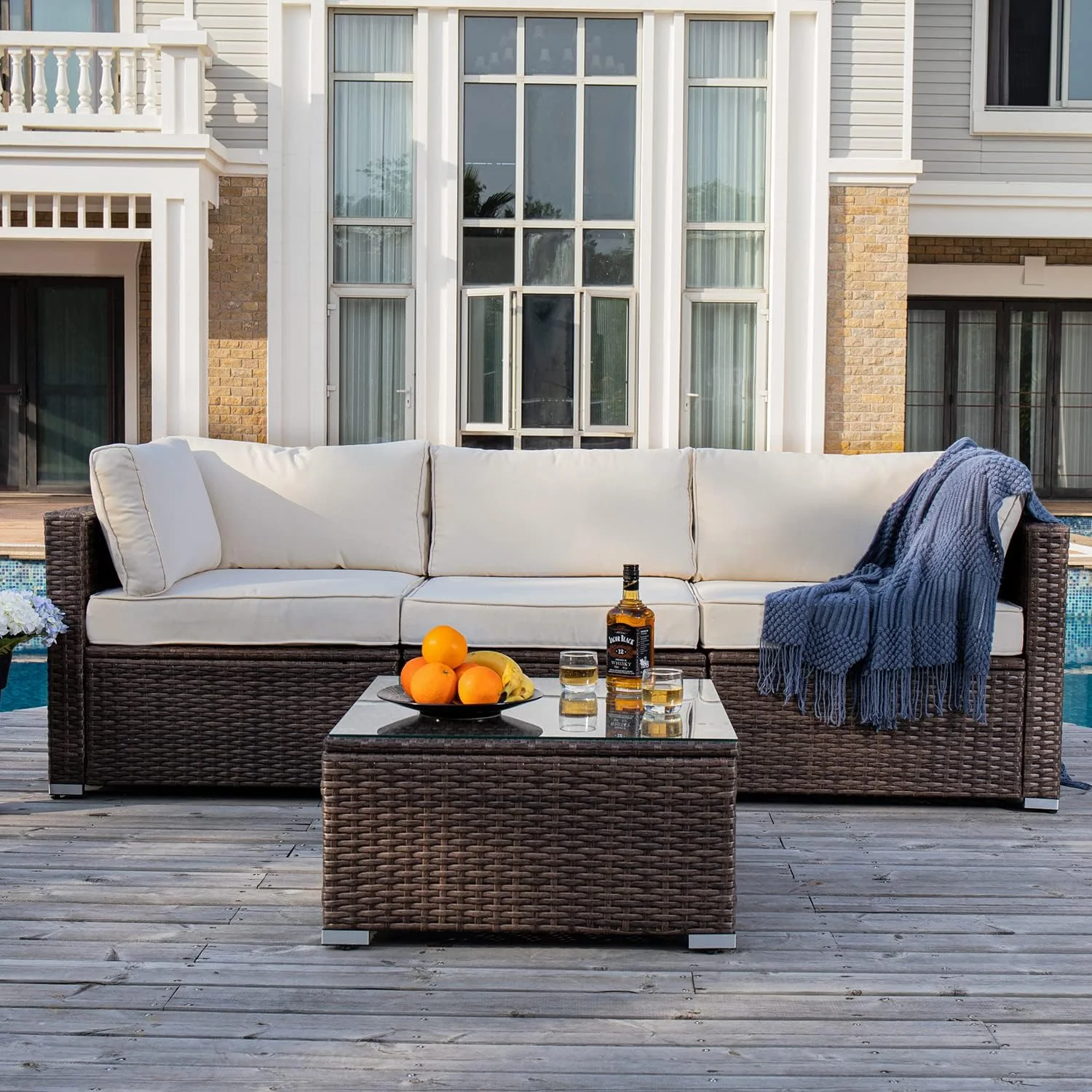 5-Piece Outdoor Furniture All-Weather Mottlewood Brown Wicker Sectional Sofa