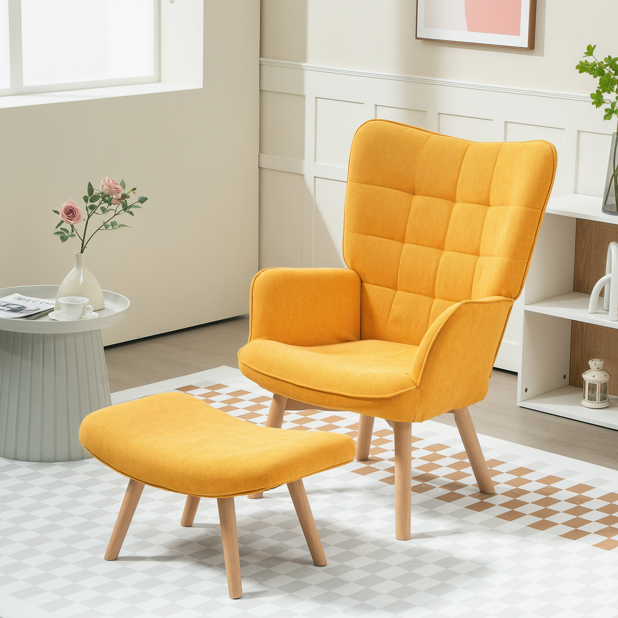 HOMCOM Akzentsessel mit Hocker, Relaxsessel in Cord-Optik, Armlehnstuhl mit Holzbeinen, für Wohnzimmer, Orange