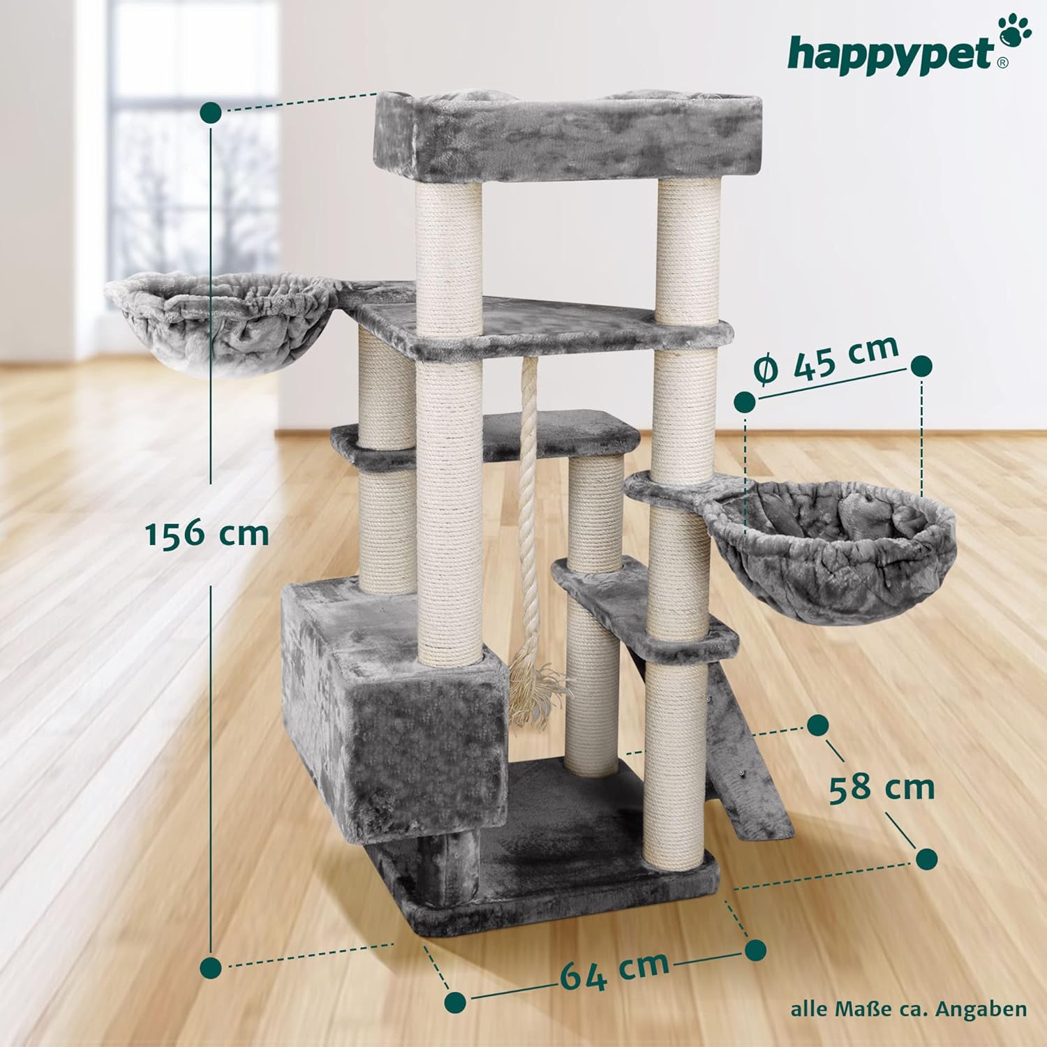 HAPPYPET Kratzbaum große Katzen XXL Jacob - Katzenbaum Deckenhoch, Stabil und Massiv mit Sisalsäulen und Dicker Bodenplatte, Ideal für Schwere Rassen
