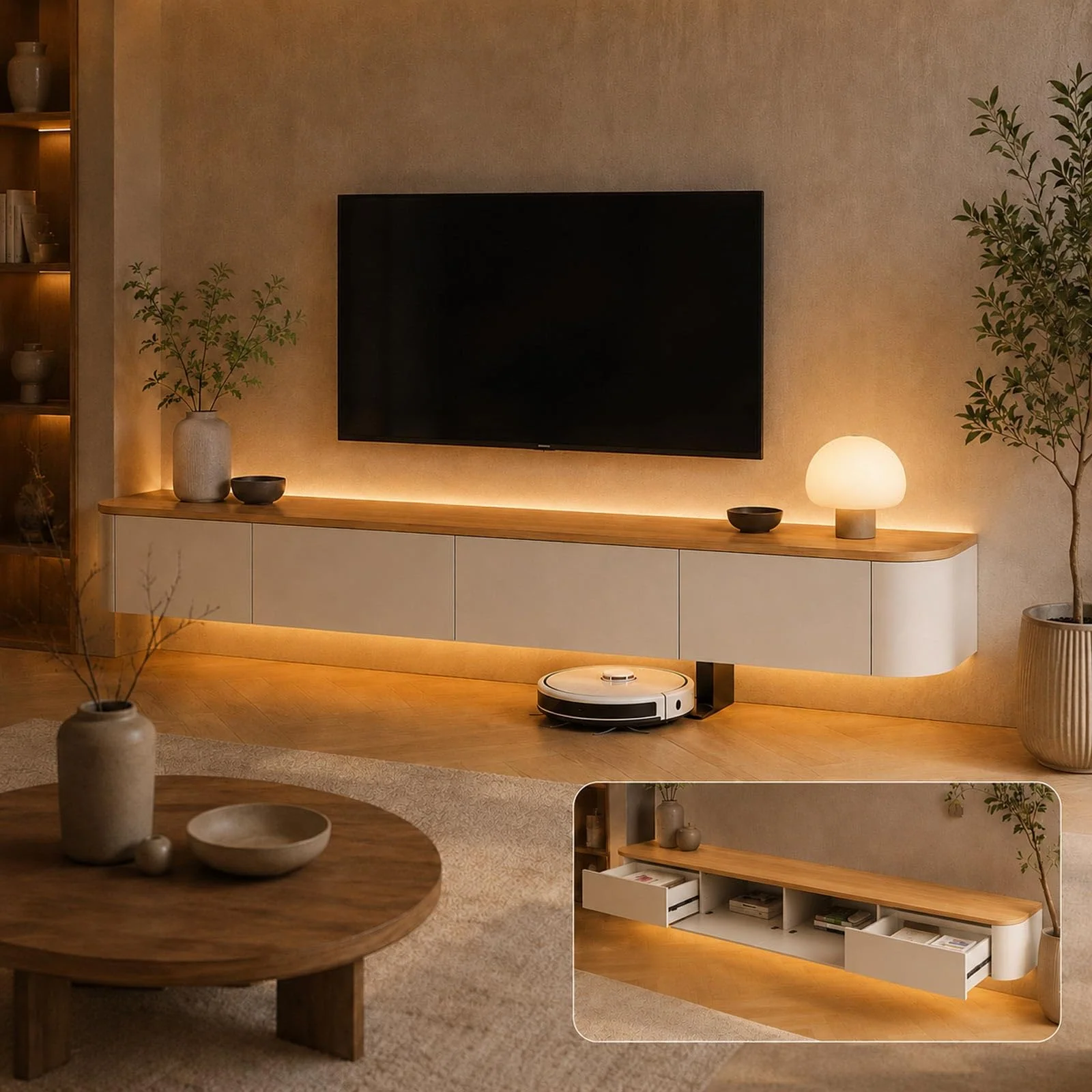 Schwebendes TV-Lowboard 180 cm, wandmontiert mit Stauraum, Holzfarben