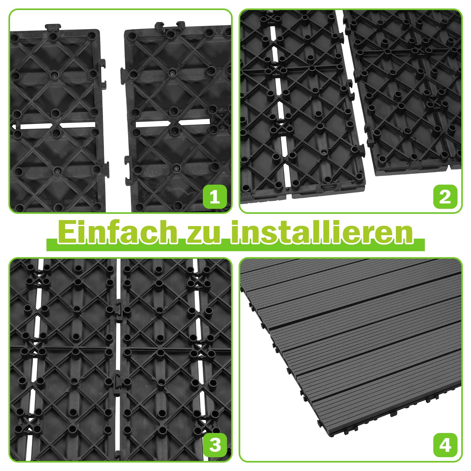 Fiqops 36 Stück WPC Terrassenfliesen, 30x60 cm Balkon Bodenfliese,Gartenfliesen mit Klick-System,Terrassendielen Balkonfliesen Klickfliesen,Terrassendielen Wasserfest für Terrasse,für 6m² Anthrazit