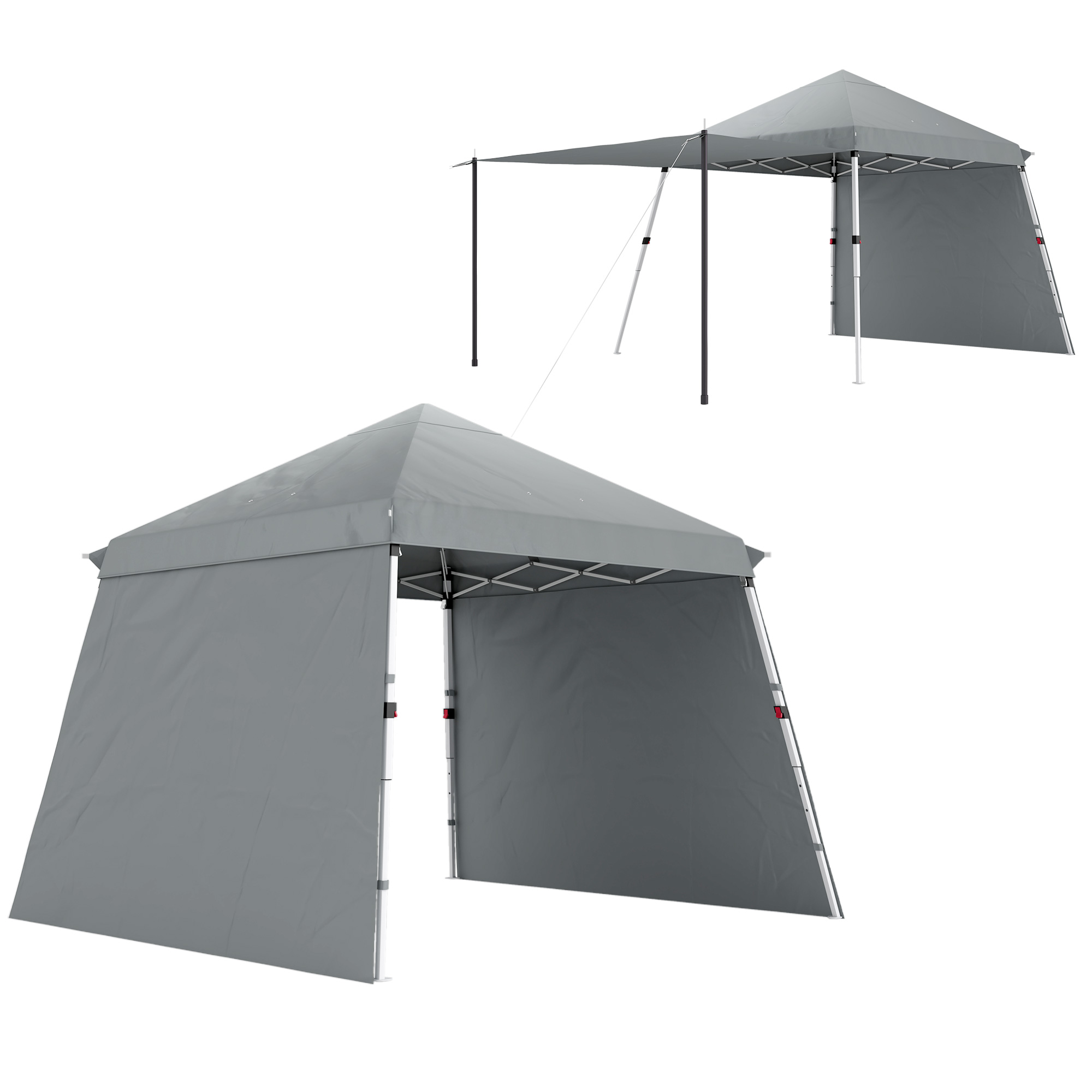 Outsunny Gartenpavillon 3x3m Pop-Up-Faltpavillon Zusätzliche Seitenvordächer Verstellbare abgeschrägte Beine Rollbare Transporttasche Hellgrau