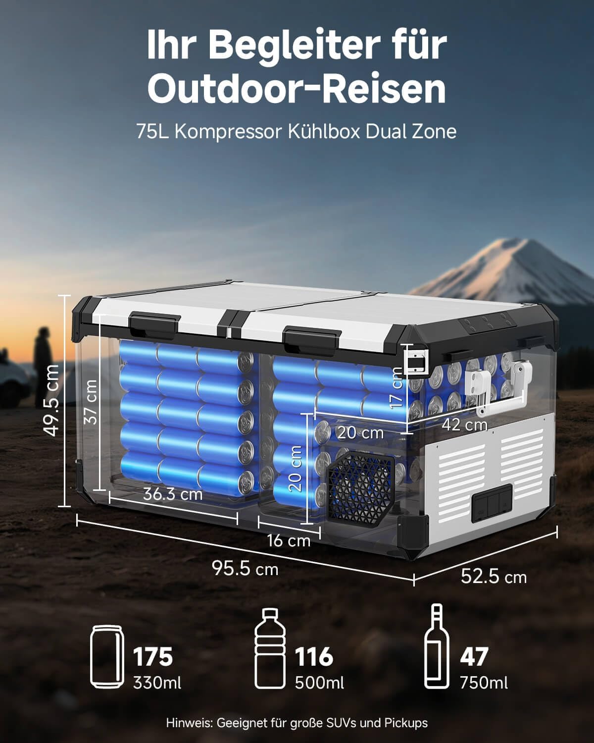 AAOBOSI 95L Kompressor Kühlbox Dual Zone bis -20℃，Edelstahlgehäuse & Aluminium-Innenausstattung，12/24V DC & 230V AC，Kühlbox Kompressor für Auto, Boot, Camping und Geländefahrt