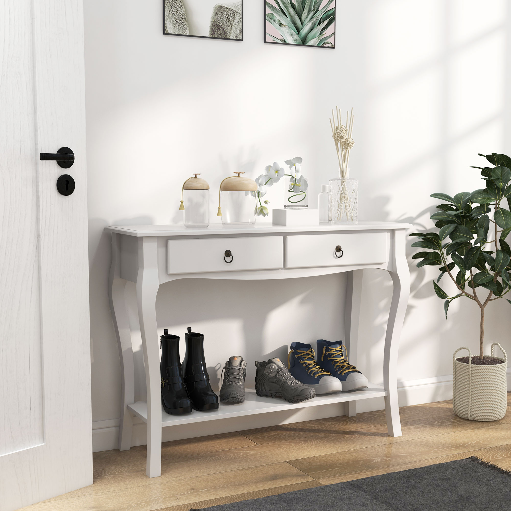 HOMCOM Konsolentisch Konsole Sideboard mit 2 Schubladen Holzfüße Flur Weiß 100x33x75cm