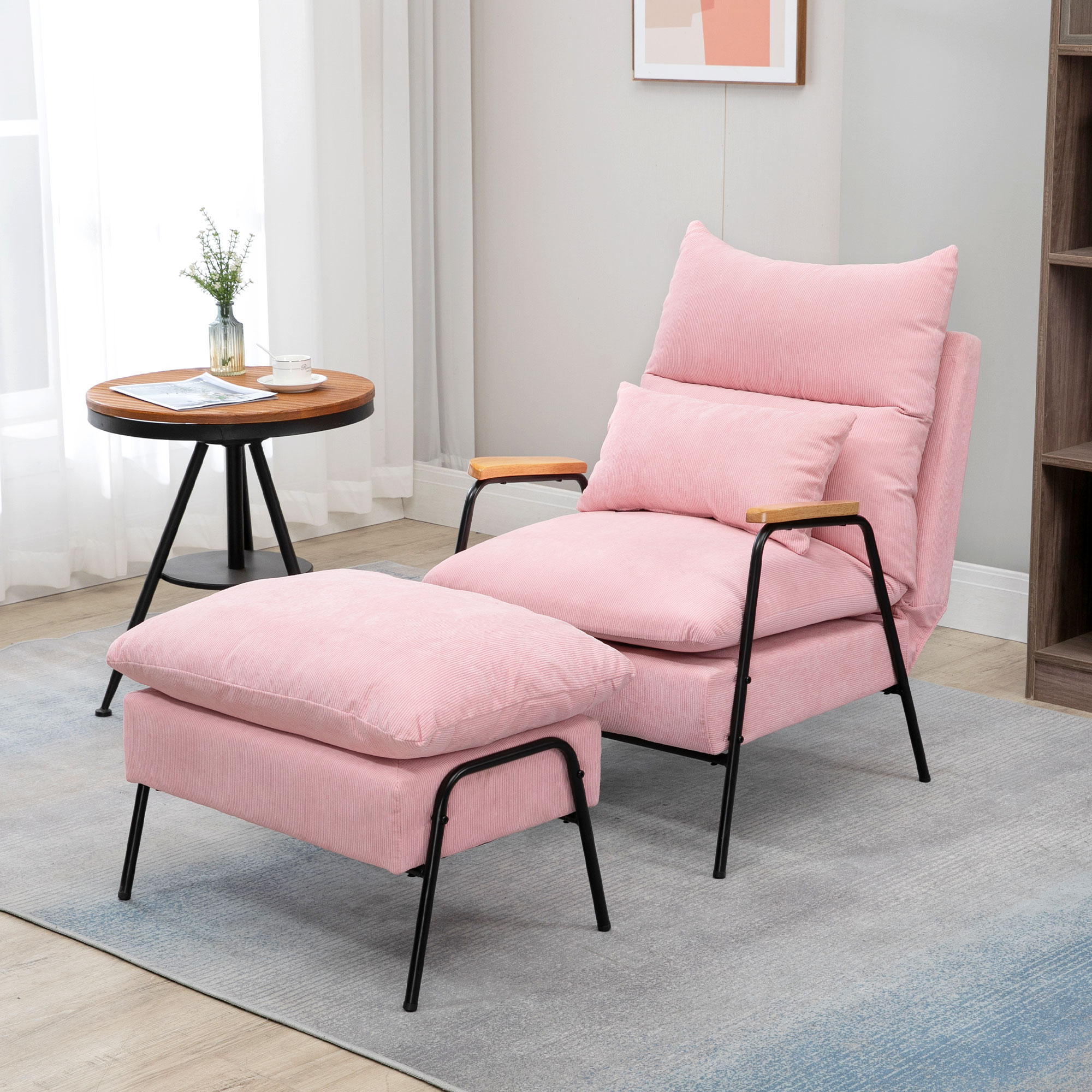 oorfauteuil met kruk, fauteuil met verstelbare rugleuning, roze