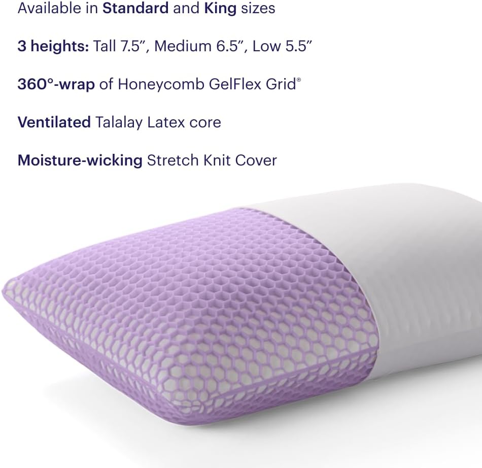 Purple Harmony Pillow – Talalay Latex Foam Cooling Pillow for Combo or Side Sleepers, 360º Hex GelFlex Grid for No-Pressure Support and Luxurious Weightless Feel - King, Medium Feel, Tall Height