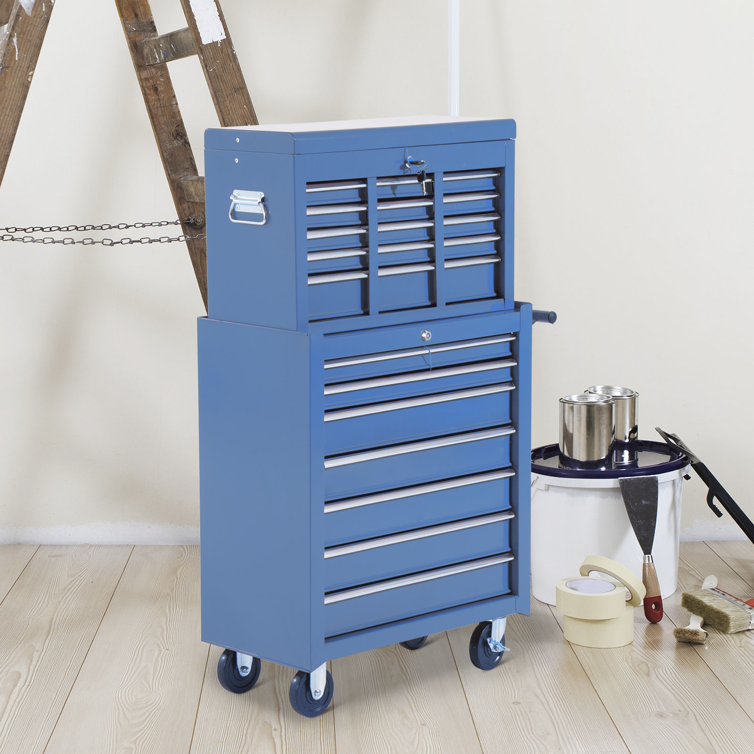 ? mobiele werkplaatswagen gereedschapswagen met wielen & slot gereedschapswagen wagen met wielen gereedschapskist, afsluitbaar met 16 schuifladen, blauw