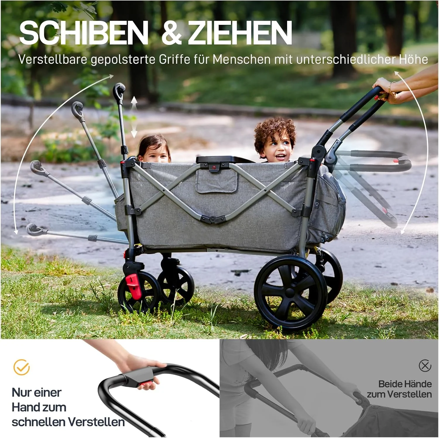 EVER ADVANCED Bolderkar voor 2 kinderen Opvouwbaar met dak, kinderwagen 2x5-punts veiligheidsgordel met luiertas, bolderkar met zitje, handwagen transportwagen, trekken & duwen, voetrem