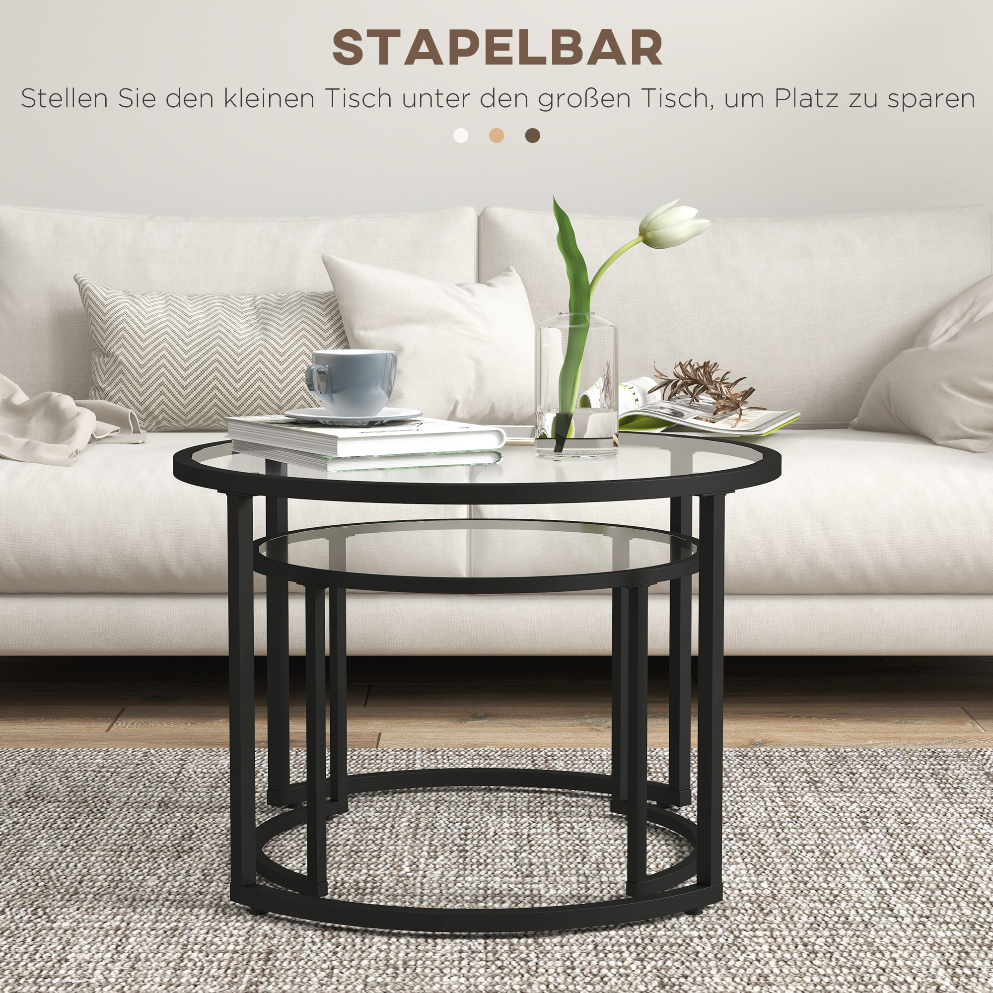 2-delige Bijzettafels Salontafels Industrieel Design, Glazen Tafels, stapelbaar, Zwart + Transparant