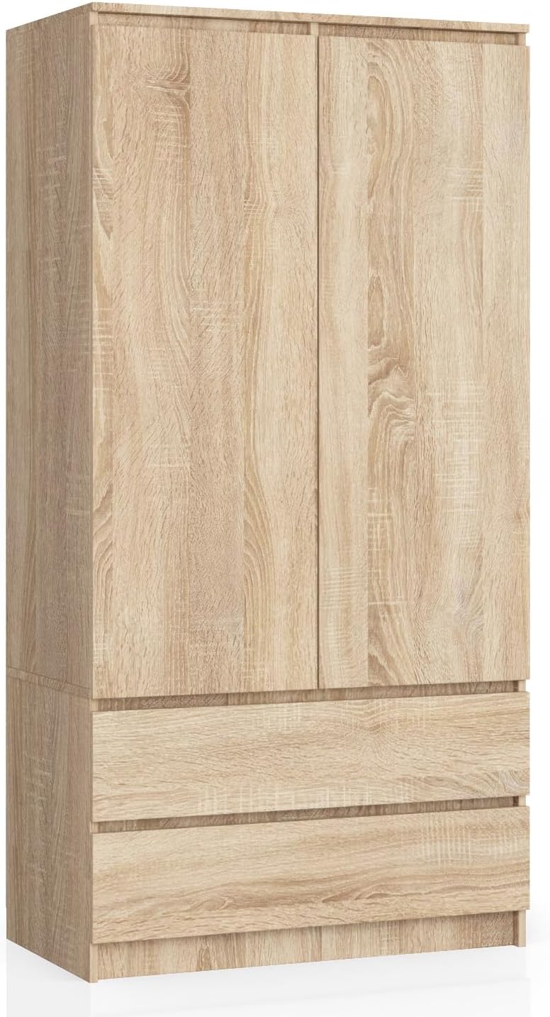 Kleiderschrank BDW, 180x90x51 cm, Eiche Sonoma, Kleiderschränk 2 Türen, 4 Einlegeböden, Kleiderständer, 2 Schubladen