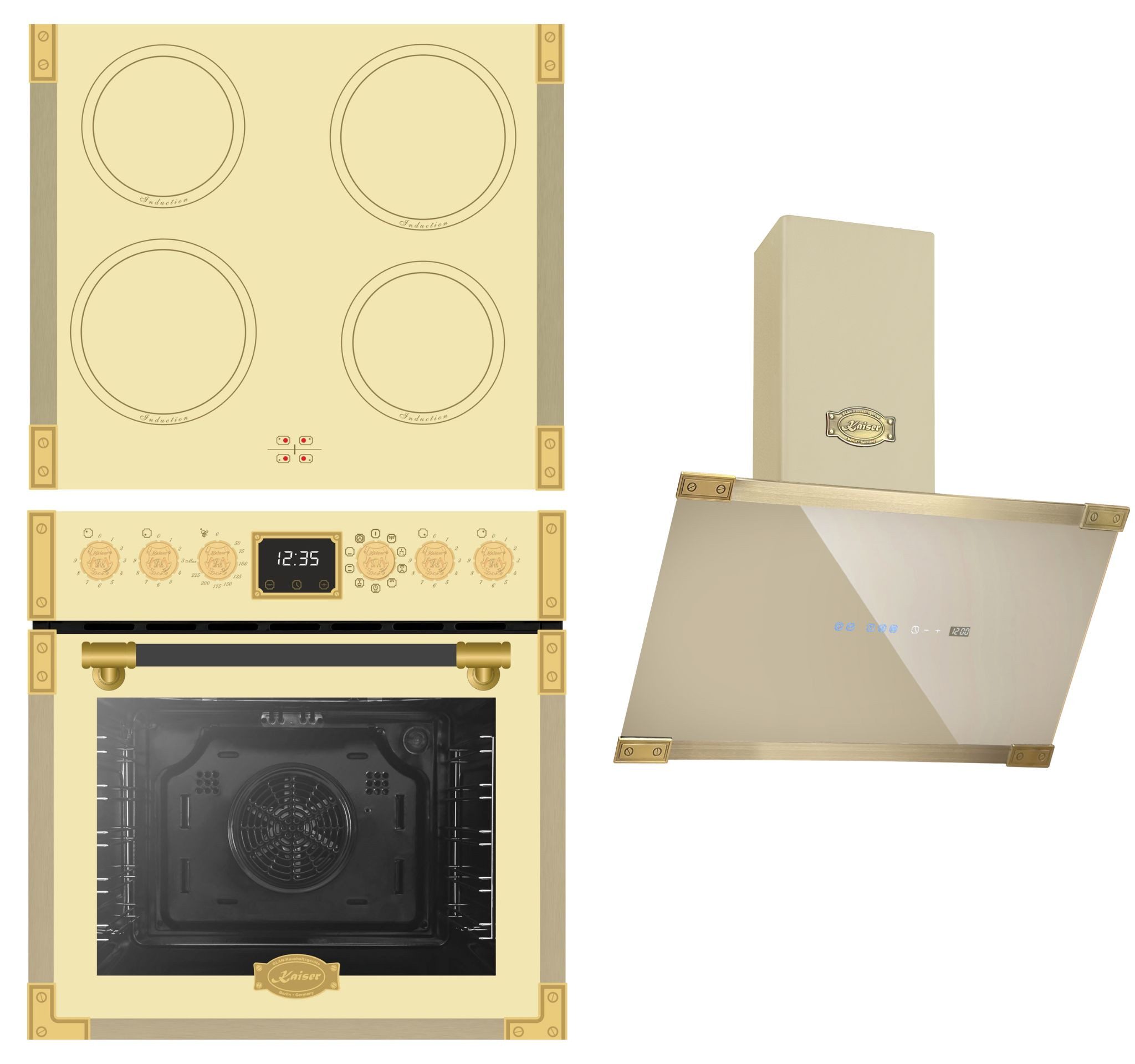 Induktions Herd-Set Retro Herdset Backofen 74 l mit Induktionskochfeld+Dunstabzugshaube 60 cm, Elfenbein Glas, Metallleisten EHC 6776 I ElfAD+AT 6445 ElfAD ECO
