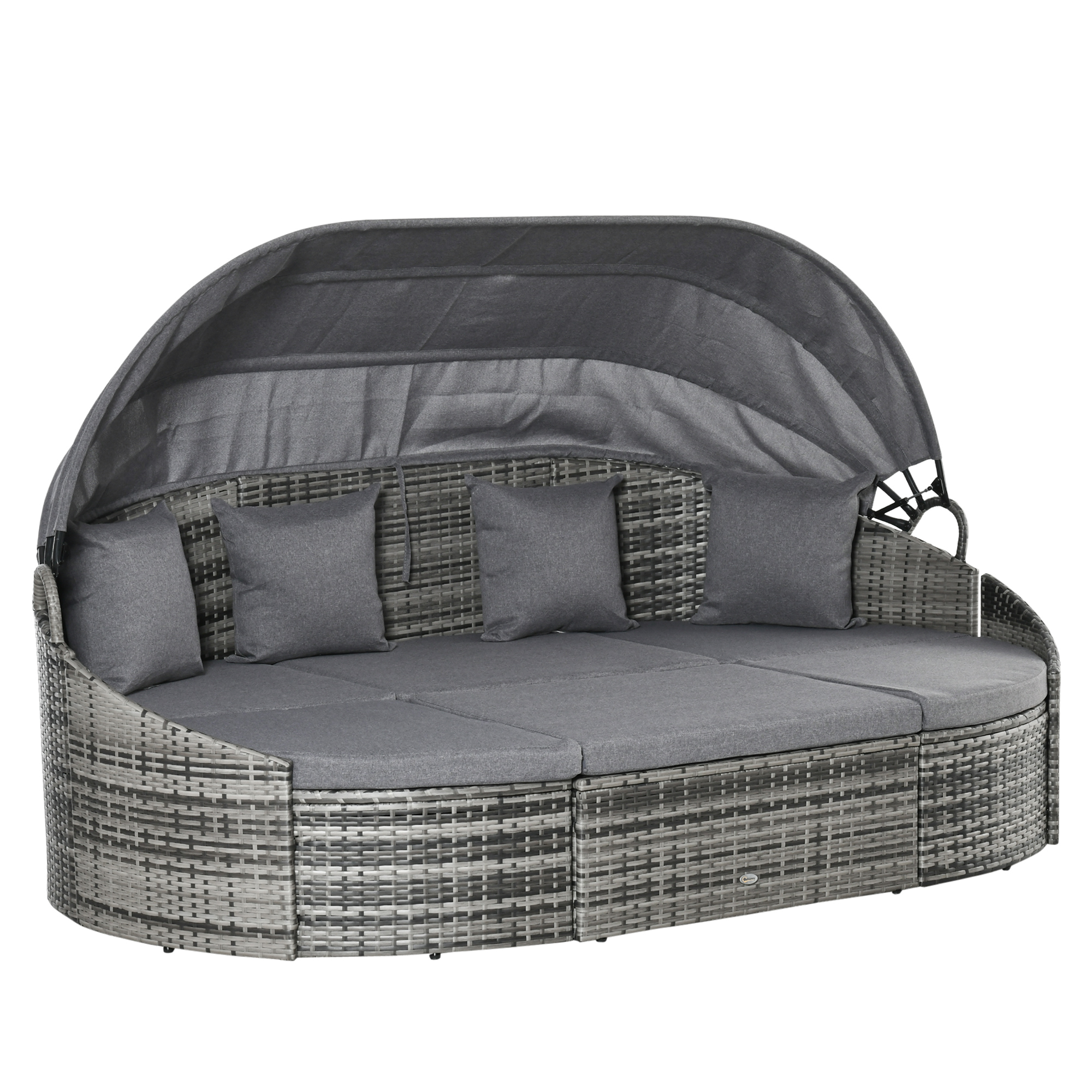 Outsunny Rattan Sonneninsel 4-teilige Liegeinsel mit Sonnendach Sitzgruppe 4 Kissen Metall Grau 230 x 145 x 80 cm