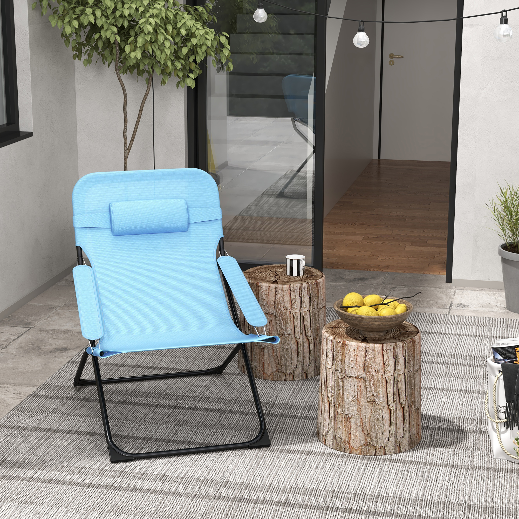 Outsunny Klappstuhl, 4-stufig verstellbar, atmungsaktiv, Metallgestell, 69 x 91 x 96 cm, Schwarz/Blau