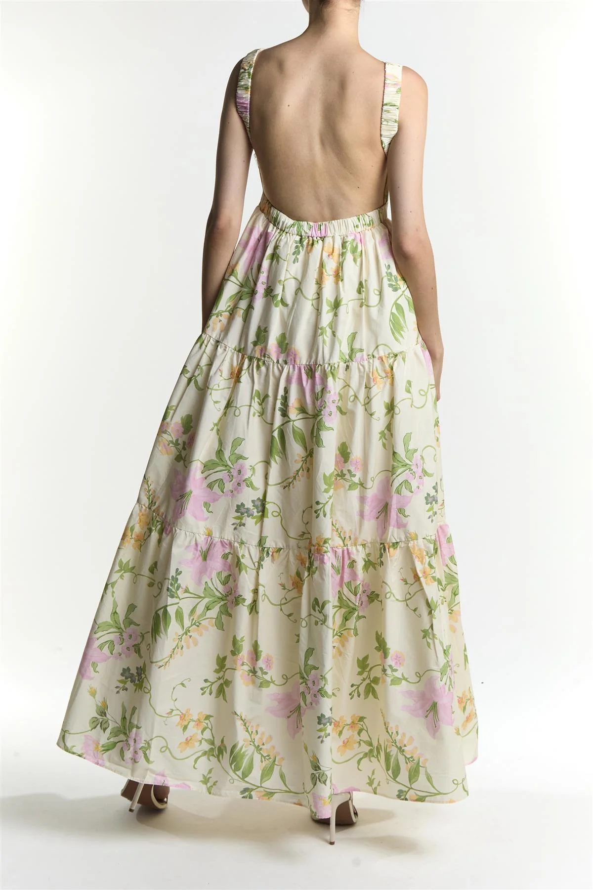 Stone-Pink-Floral Lorna Tiered Backless Maxi Dress