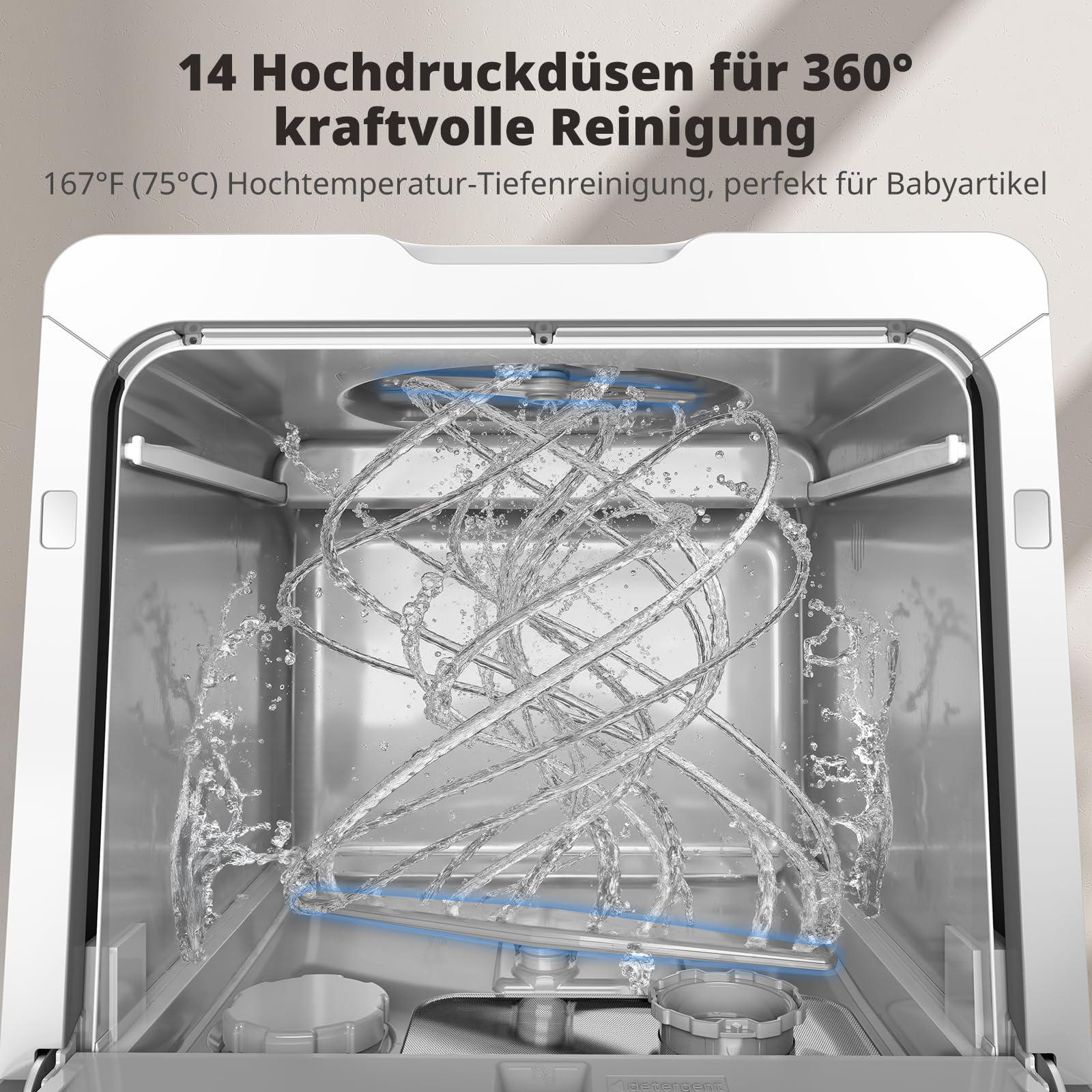 Tischgeschirrspüler mit 8+3 Programmen, 5 Liter Wassertank und Wasserenthärter, für 4 Gedecke