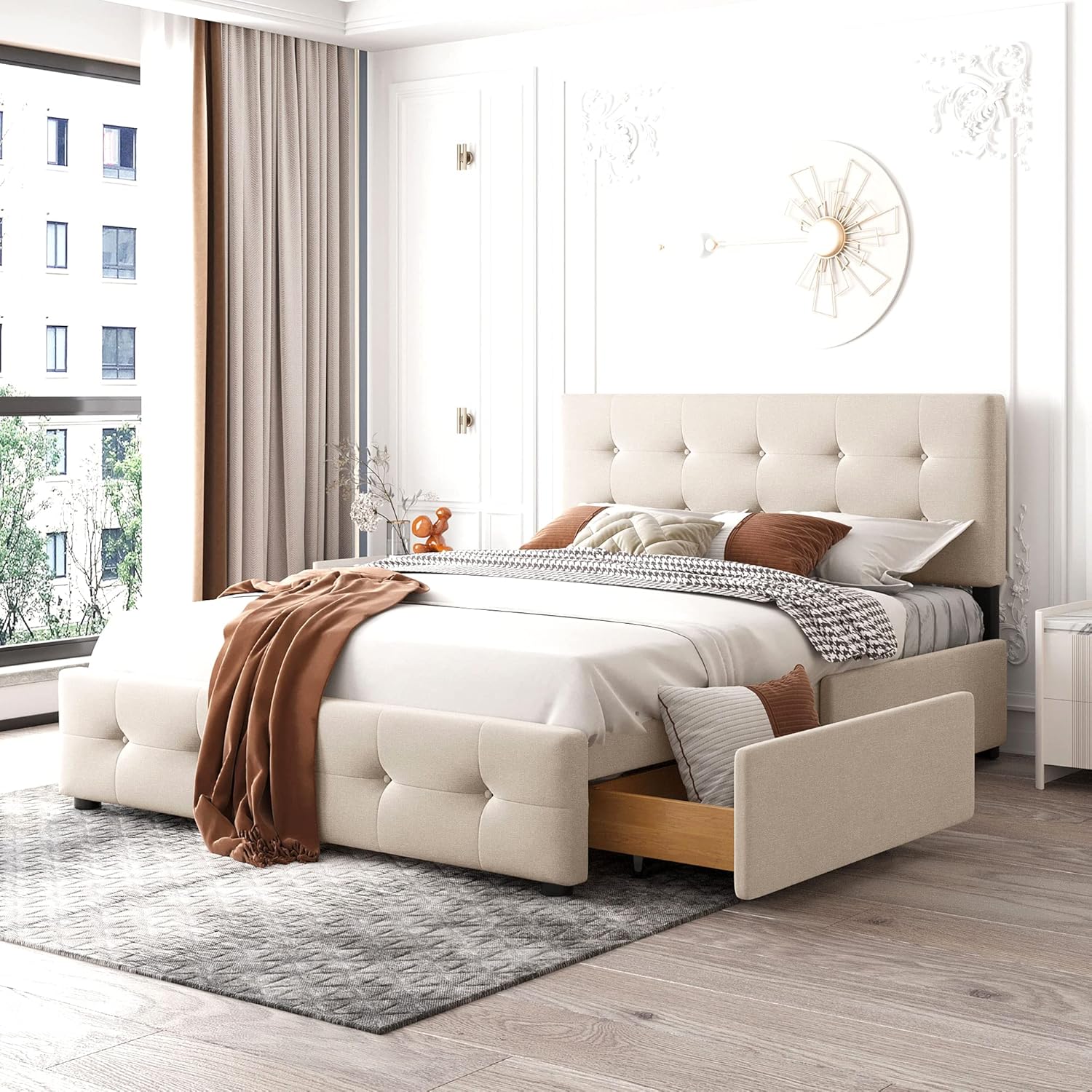 Polsterbett Doppelbett 140x200 cm, Bett mit 4 Stauraum Schubladen und Kopfteil, Bettgestell mit Lattenrost und Metallrahmen, Samt, Beige, Ohne Matratze