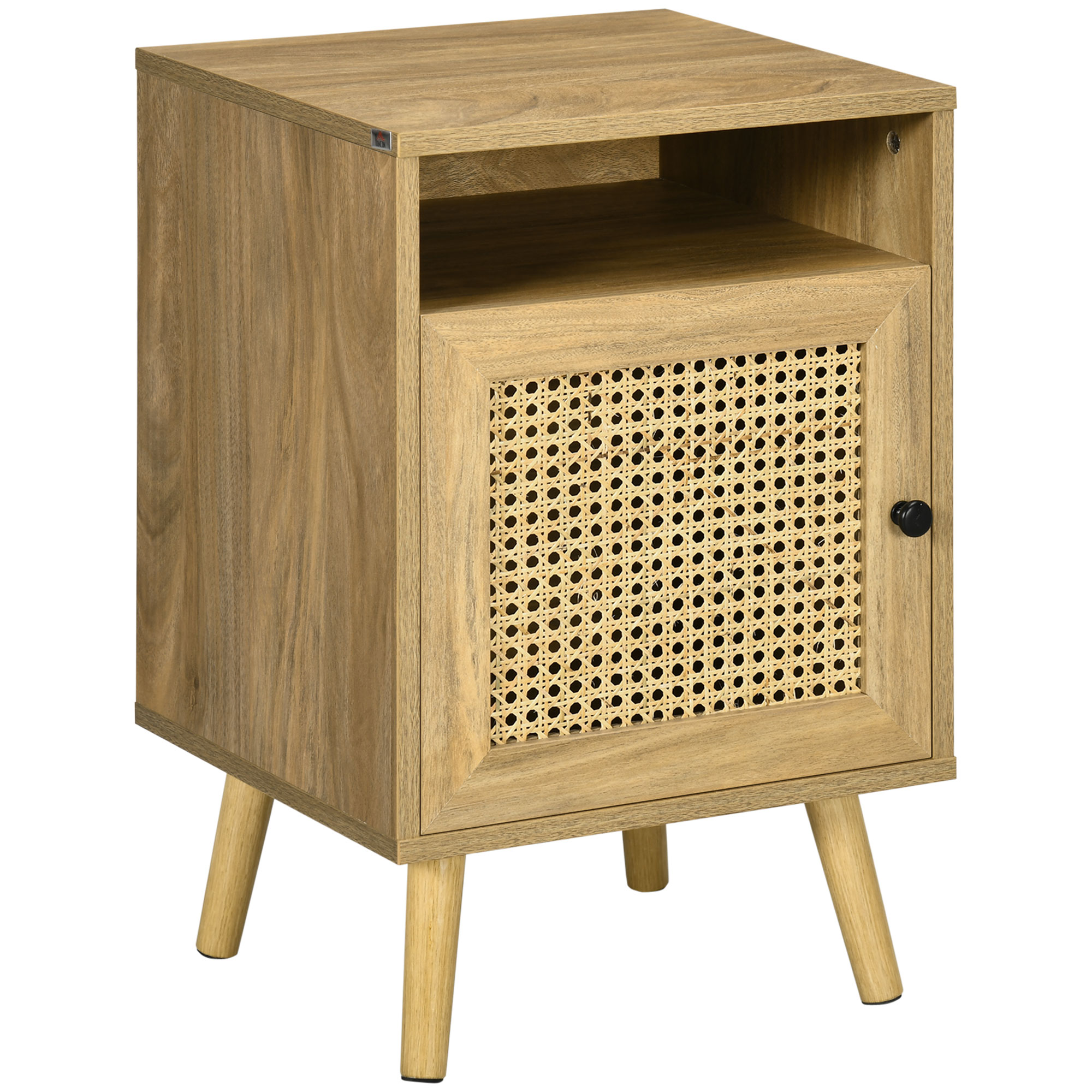 HOMCOM Nachttisch mit Rattanelementen, Wienergeflecht, 1 Ablage, 1 Schrank, 39 cm x 35 cm x 60 cm, Natur