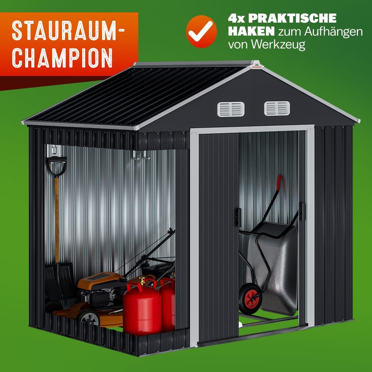 GARDEBRUK® XL Metall Gerätehaus 2m² mit Fundament 196x132x188cm Schiebetür Anthrazit Geräteschuppen Gartenhaus Schrank 4m³